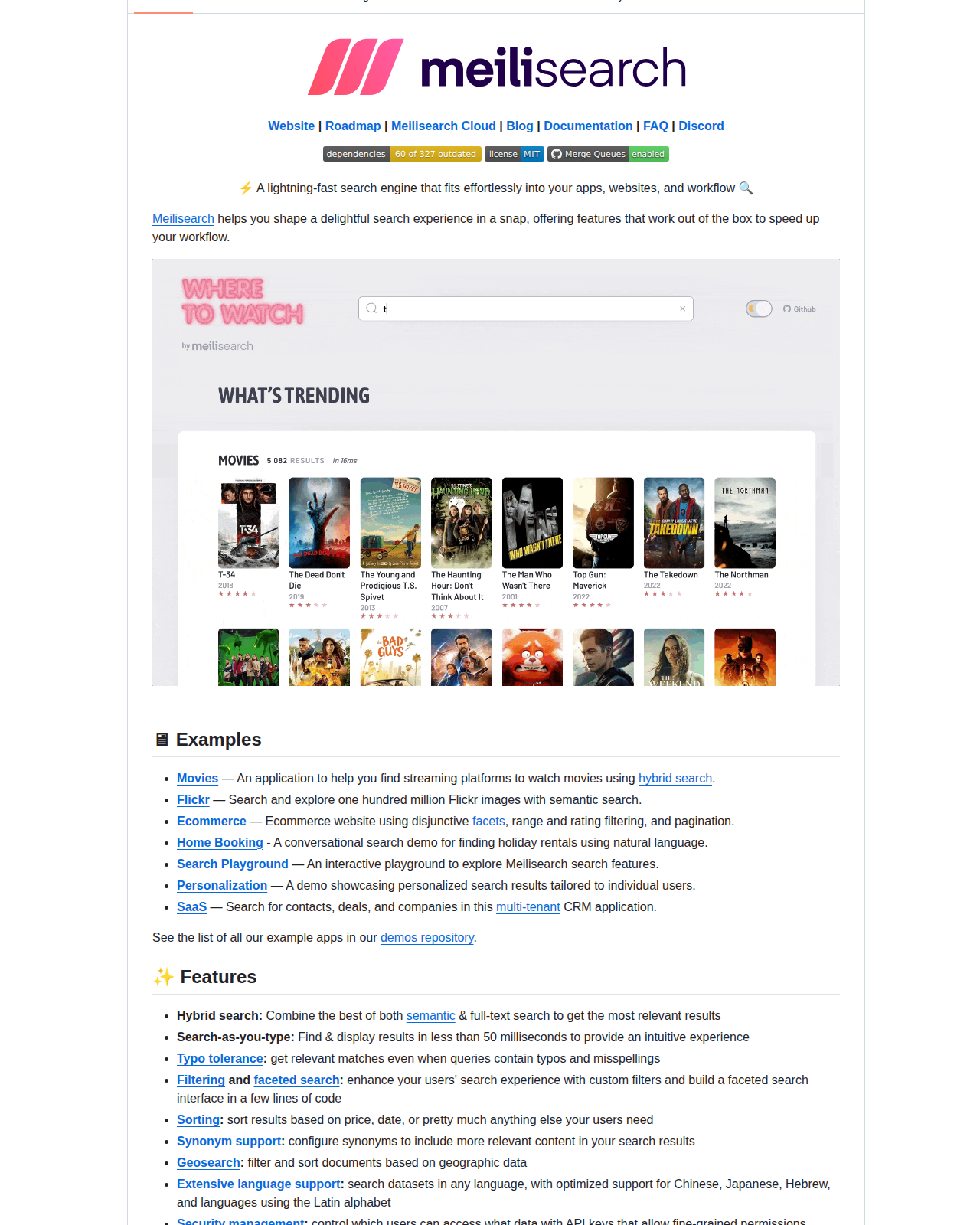 Meilisearch README 開頭截圖(Meilisearch 標誌與標語 lightning-fast search engine 大字)