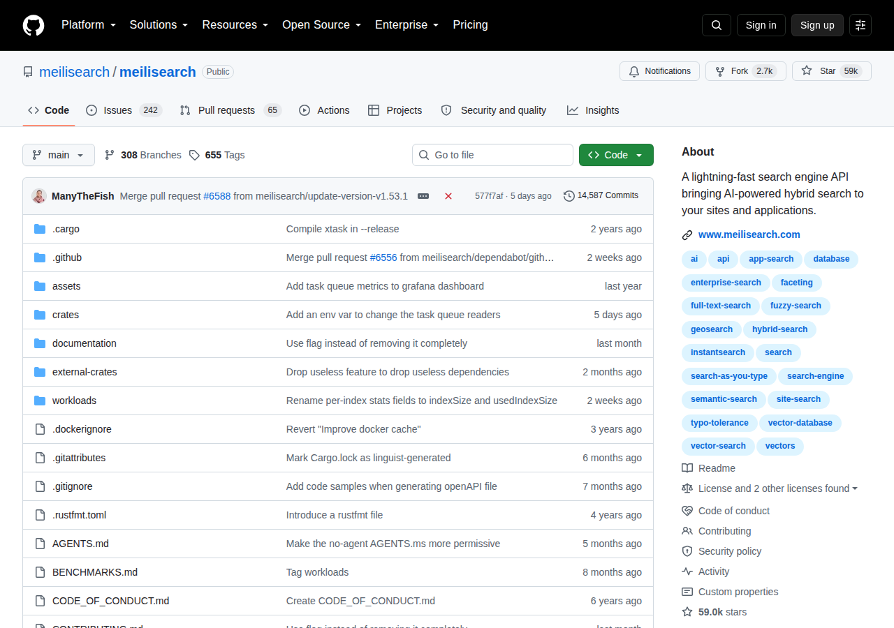 Meilisearch GitHub 首頁頂部截圖(repo 名 meilisearch/meilisearch + Star 59k + 描述 lightning-fast search engine API)