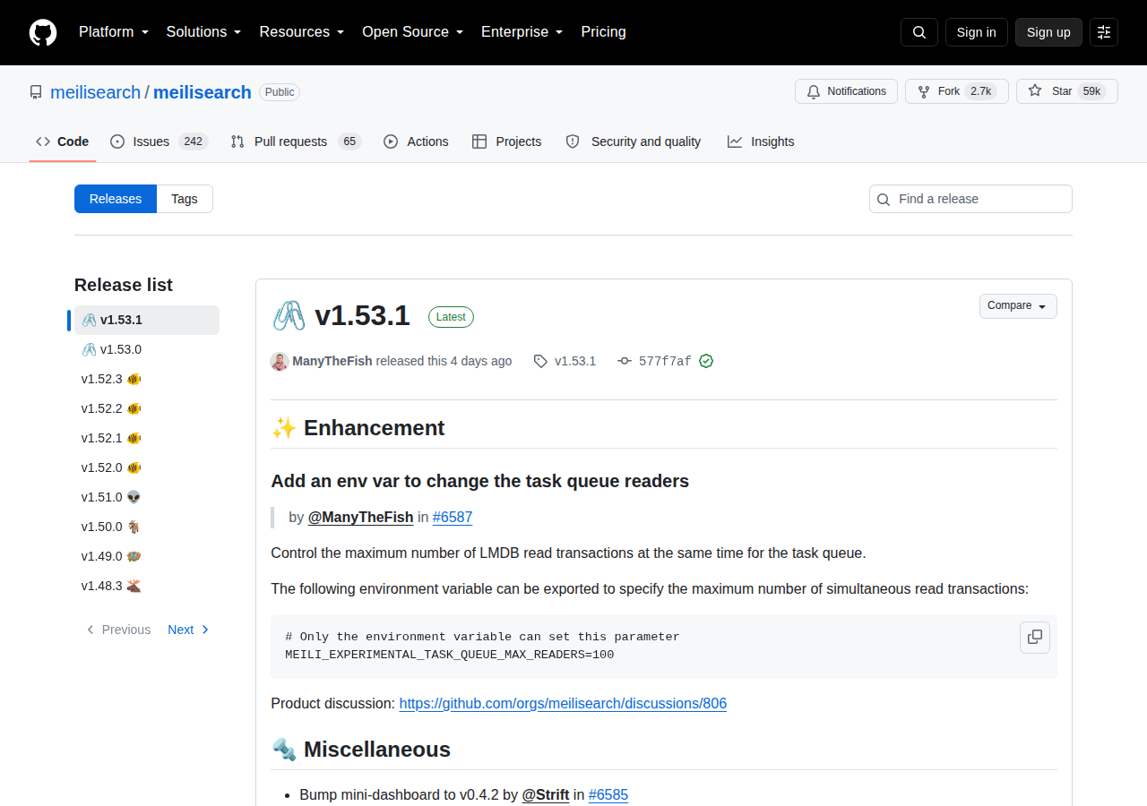 Meilisearch GitHub Releases 統計頁截圖(meilisearch/meilisearch 的最新版本 v1.53.1 與版本發布紀錄)