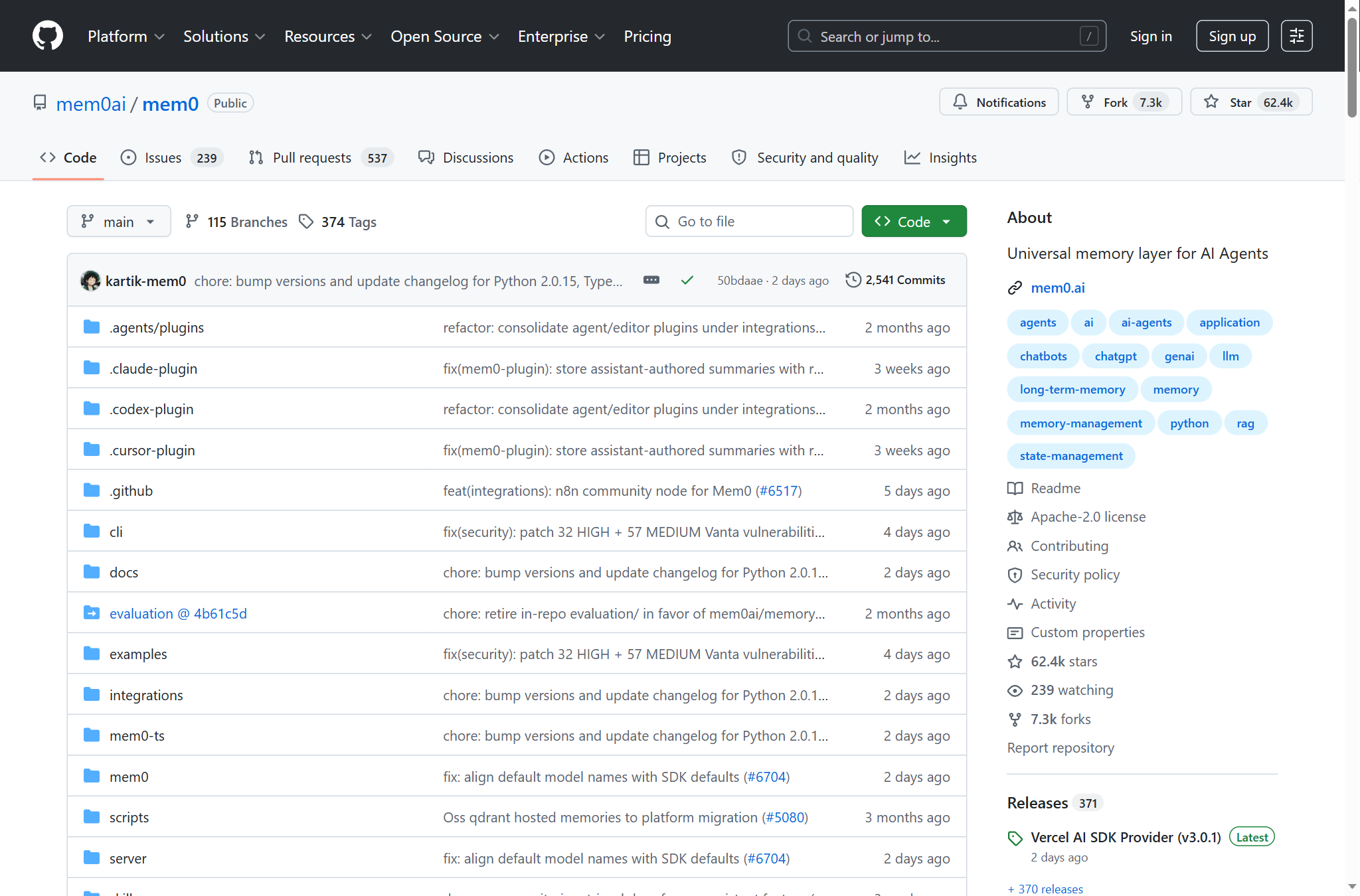 Mem0 GitHub 主頁(62.4k stars)