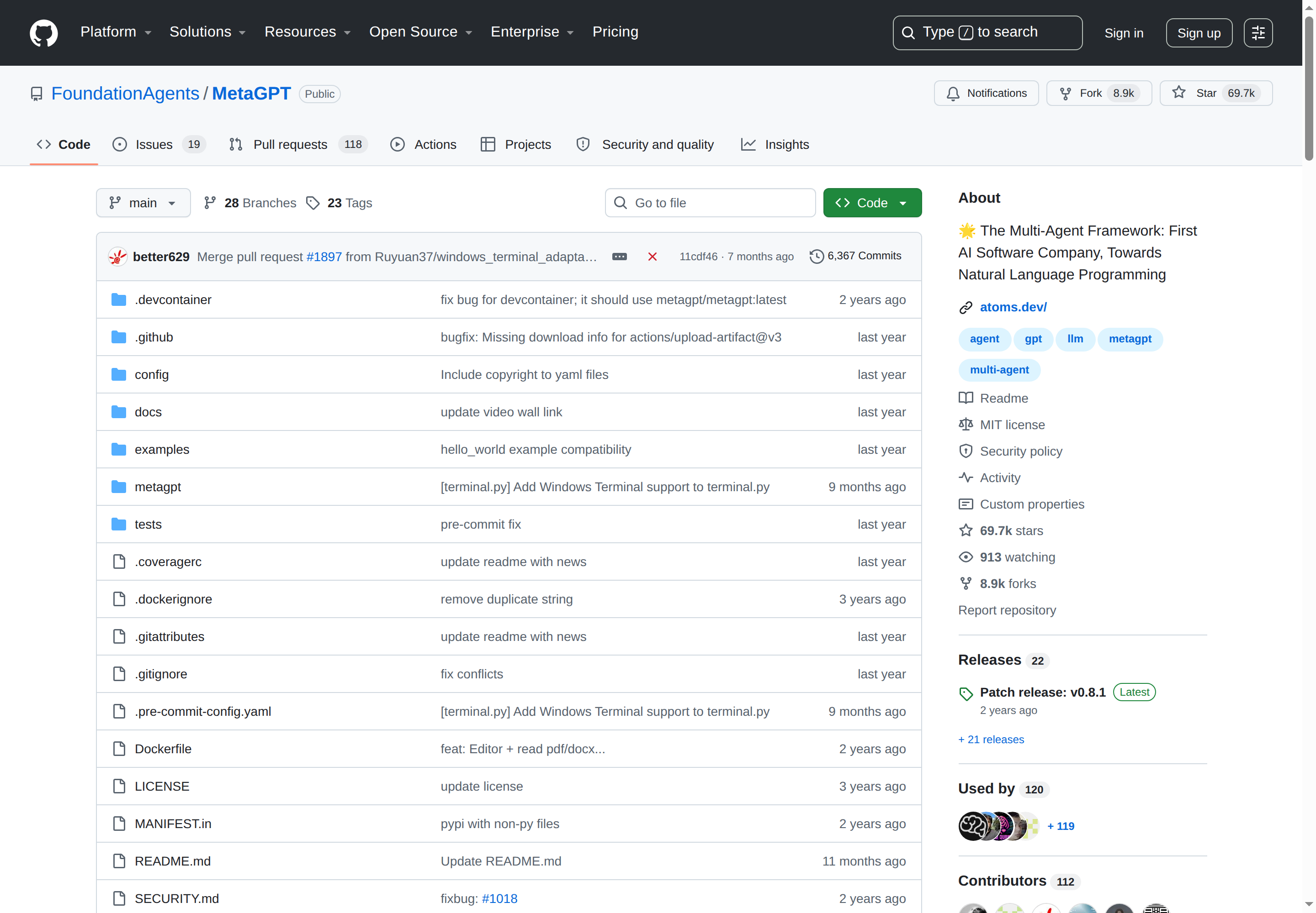 MetaGPT GitHub 主頁(69.7K stars + 項目描述)