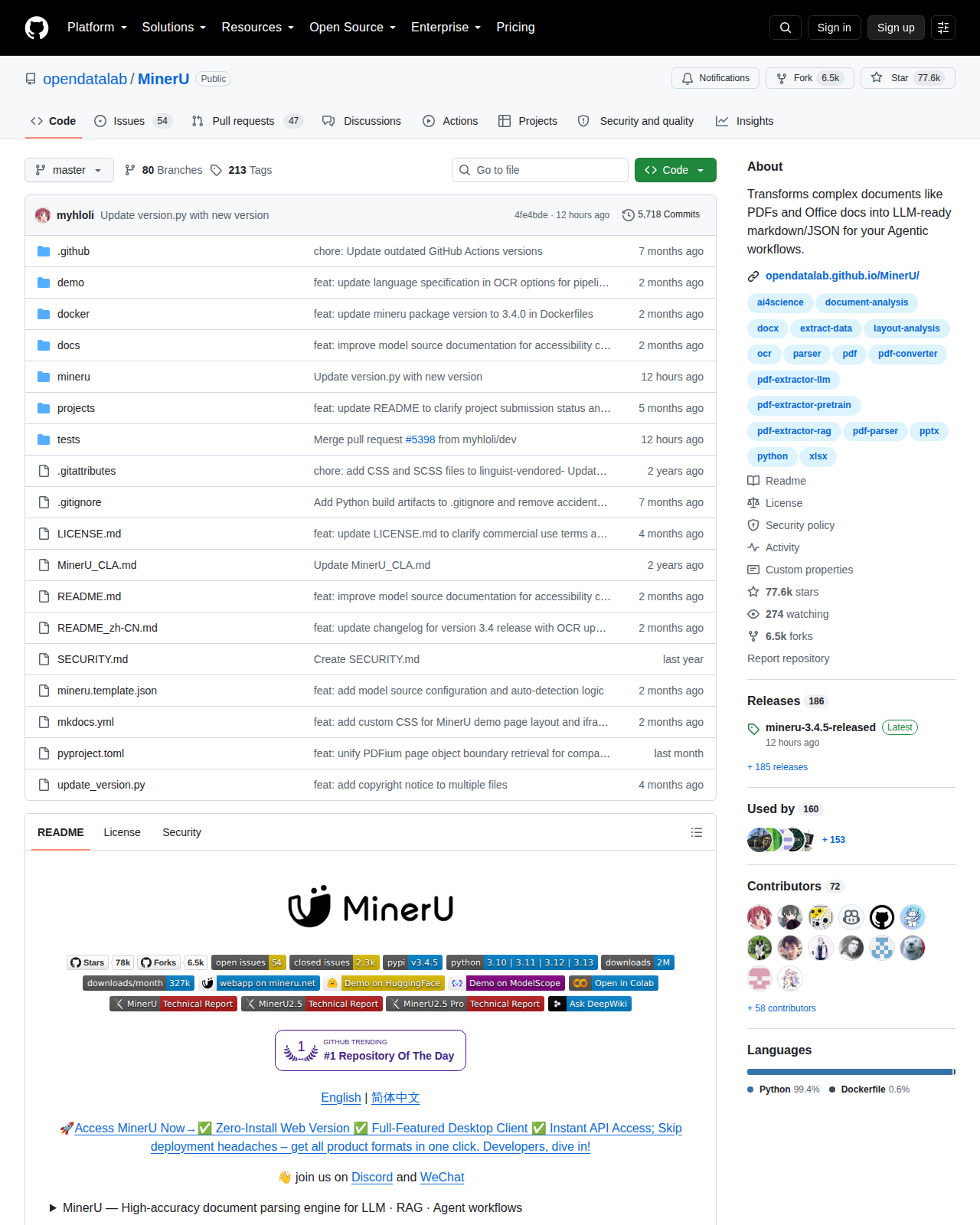 MinerU GitHub 首頁頂部(repo 名稱「opendatalab/MinerU」+ 77.6k 星標 + 6.5k Forks + 描述「Transforms complex documents like PDFs and Office docs into LLM-ready markdown/JSON for your Agentic workflows」+ 主要語言 Python + 授權標籤)