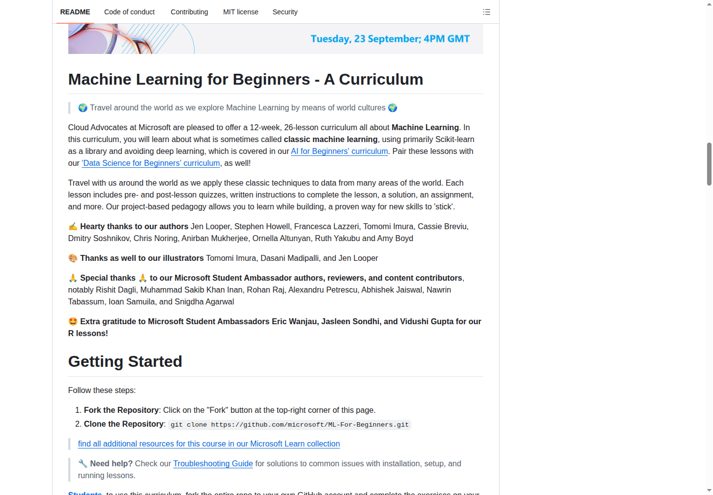 ML-For-Beginners README 開頭(課程名稱大字 + 定位描述)