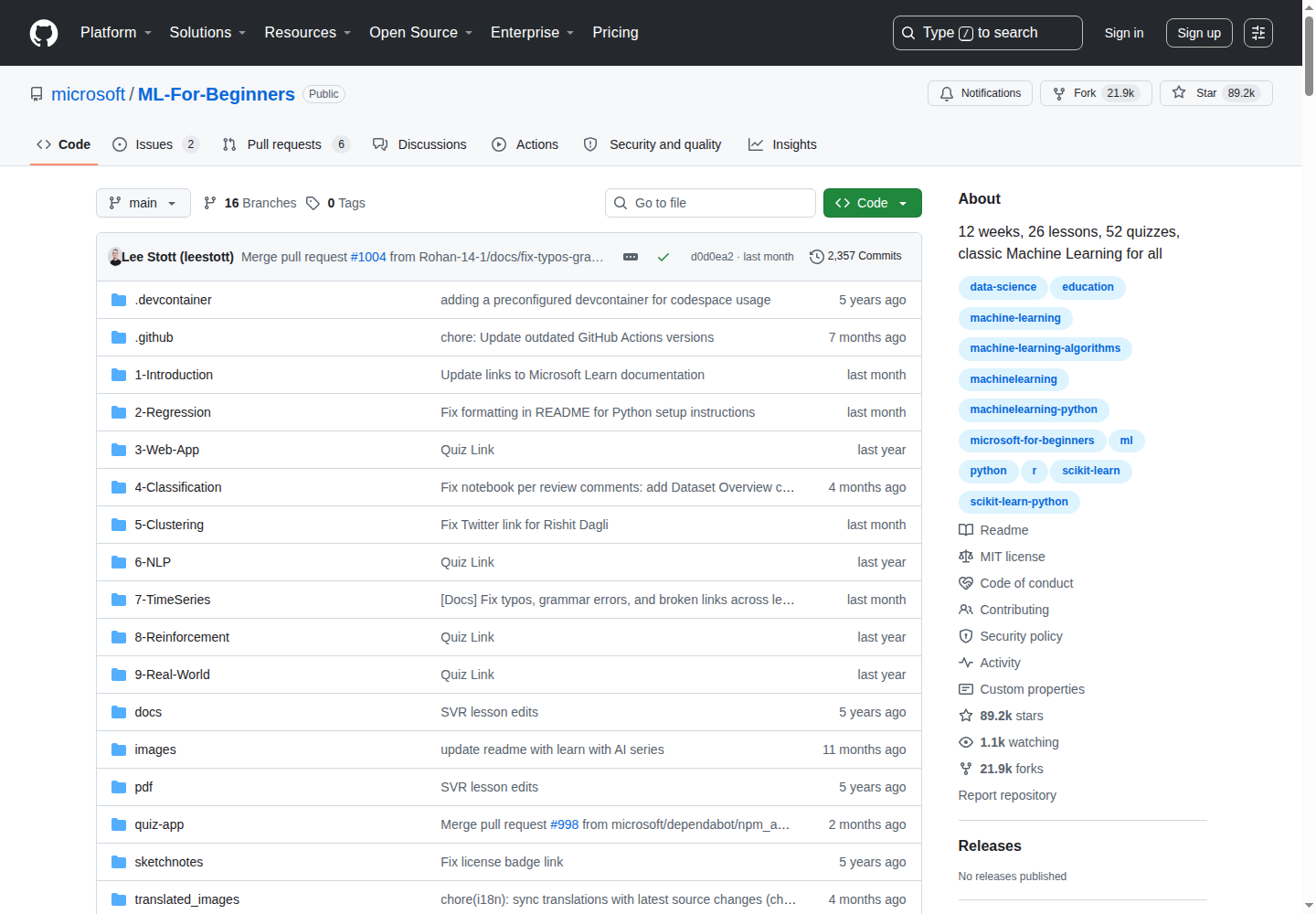 ML-For-Beginners GitHub 主頁(repo 名 + 89.2k stars + 課程描述)