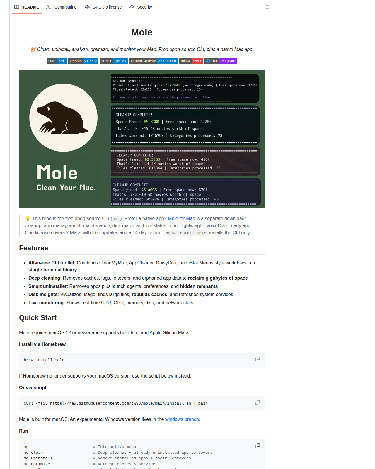 Mole 的 GitHub README 開頭畫面,顯示專案名稱 Mole、標語「Clean, uninstall, analyze, optimize, and monitor your Mac」、版本標記 V1.58.0、Telegram 社群連結與清理結果示意圖