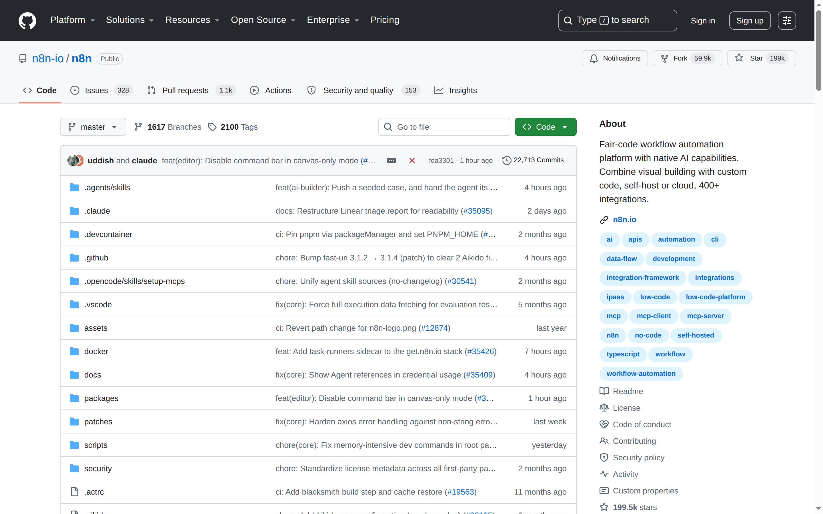 n8n GitHub 主頁(199k stars + 項目描述)