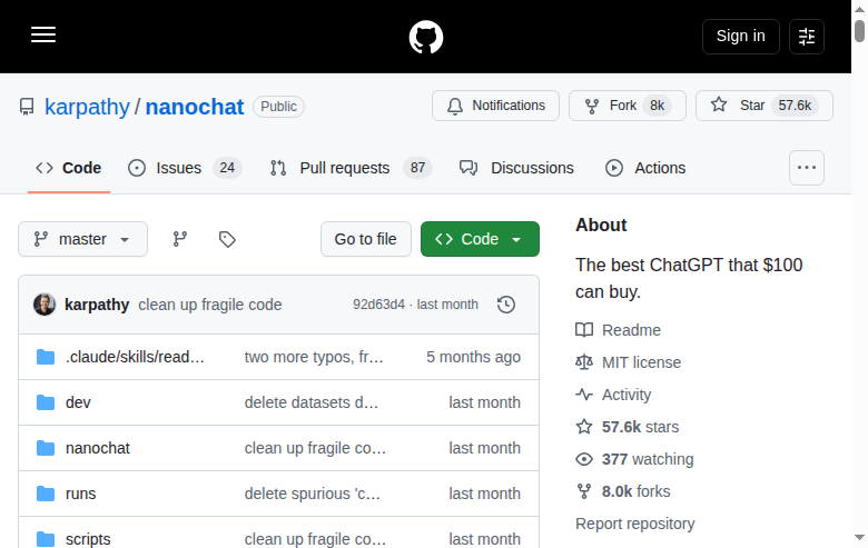 nanochat 的 GitHub 倉庫首頁,顯示倉庫名稱 karpathy/nanochat、58.4k 星標、8.2k 複製數與專案描述