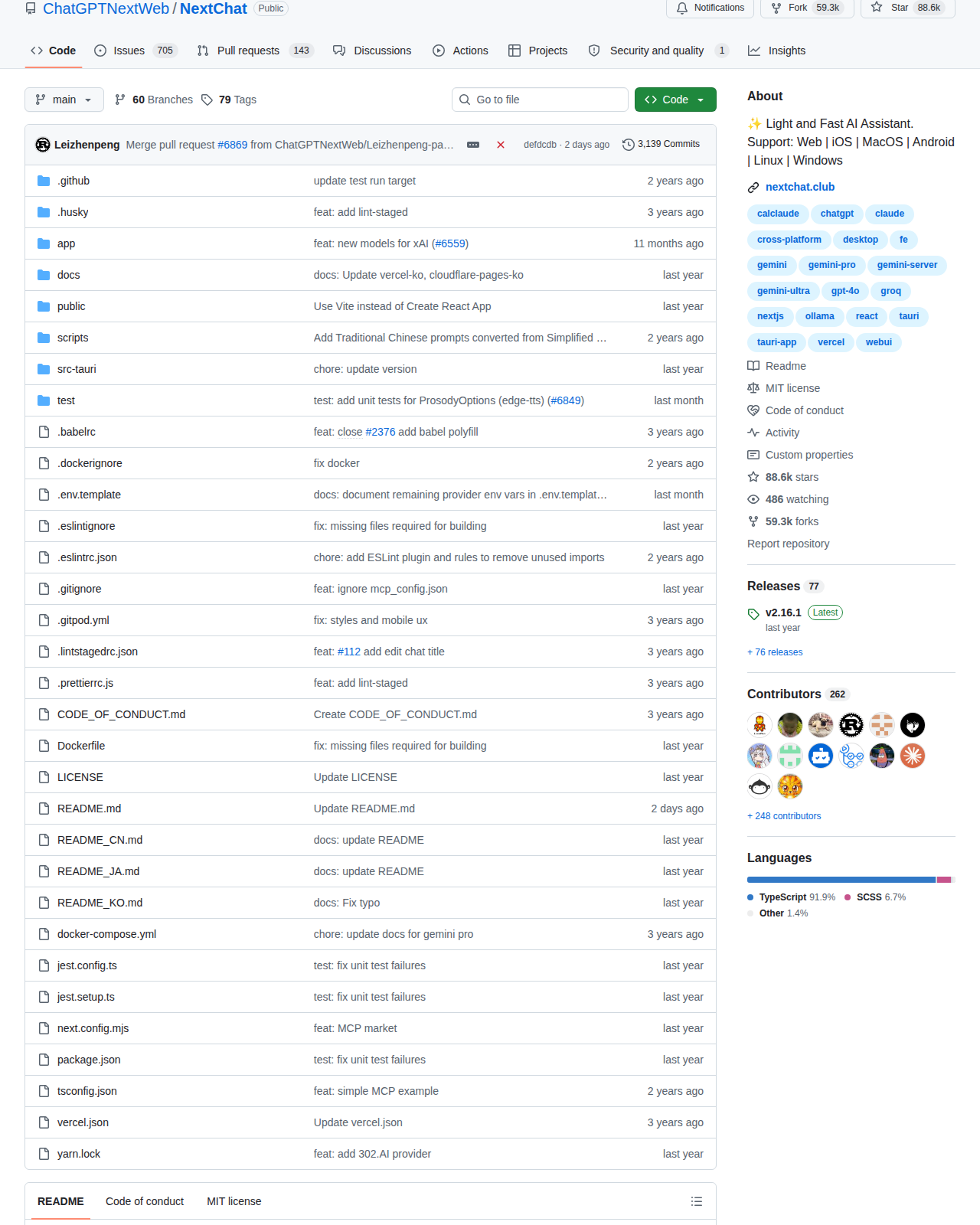 NextChat GitHub 統計資訊(Star 88.6k、Fork 59.3k、Contributors 262 與主要語言 TypeScript)