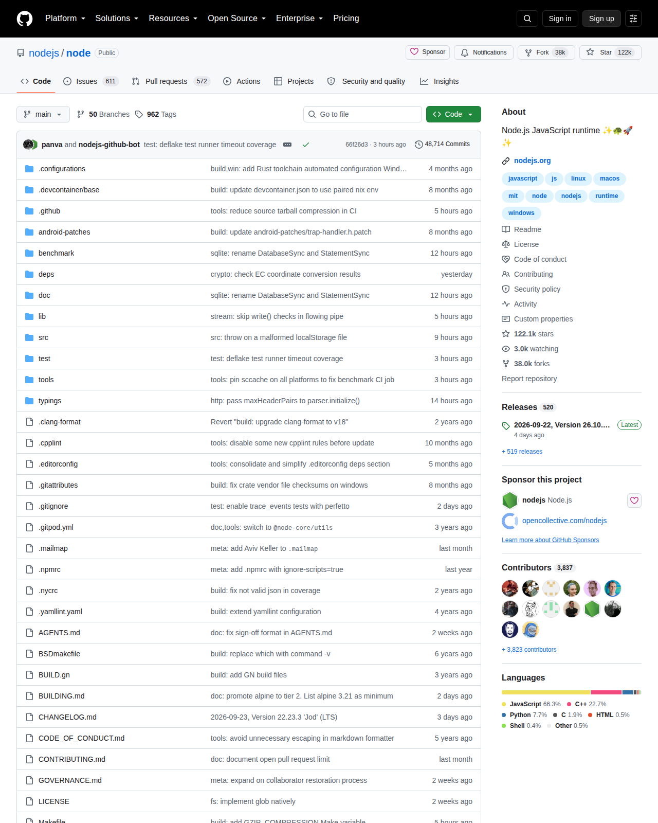 Node.js GitHub 儲存庫頁面頂部(儲存庫名稱 nodejs/node、星標數 122k 與專案描述)