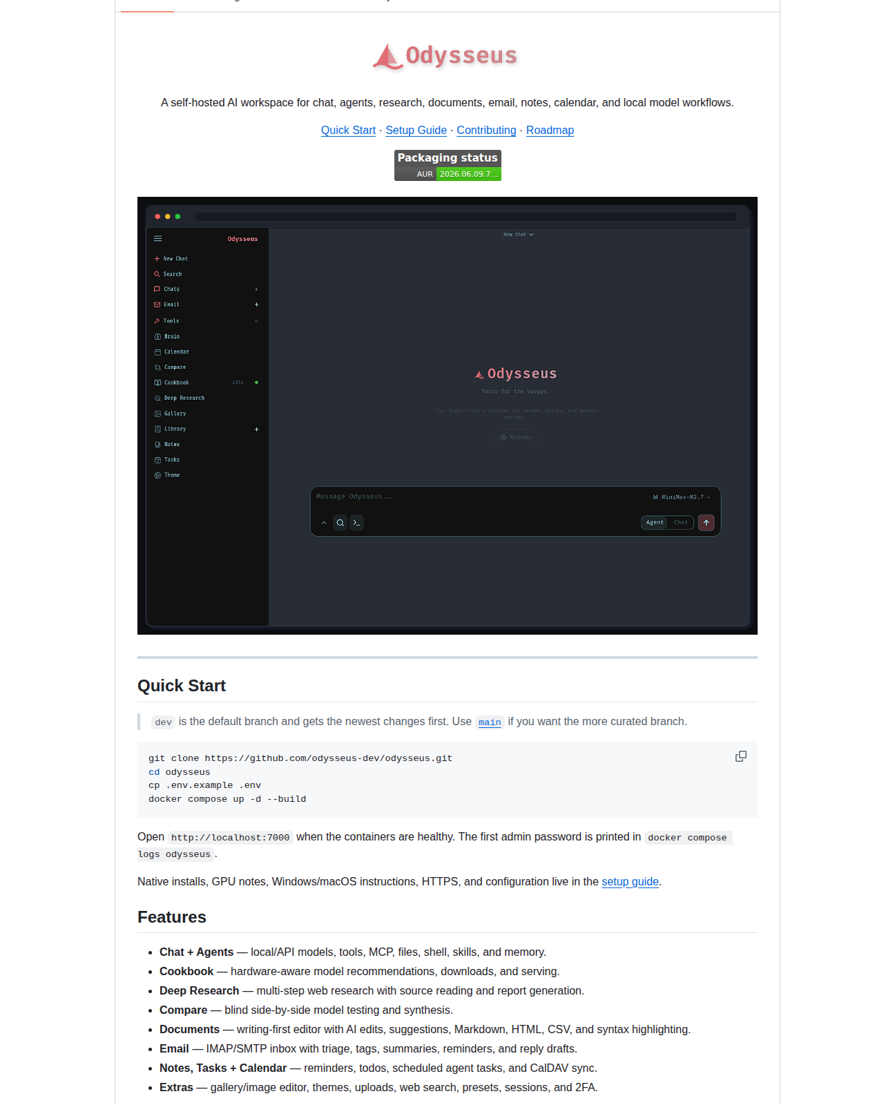 Odysseus README 開頭(項目名稱「Odysseus」標誌圖 + 產品定位描述「A self-hosted AI workspace for chat, agents, research, documents, email, notes, calendar, and local model workflows」+ Quick Start 快速入門段落 + Docker Compose 啟動指令)