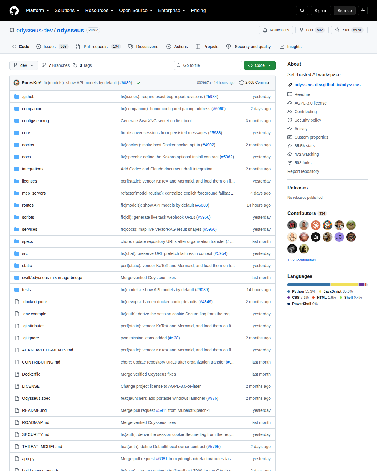 Odysseus GitHub 首頁頂部(repo 名稱「odysseus-dev/odysseus」+ Star 數 85.5k + Forks 502 + 描述「Self-hosted AI workspace.」+ Python 主要語言 + AGPL-3.0 授權 + 專案檔案目錄樹)