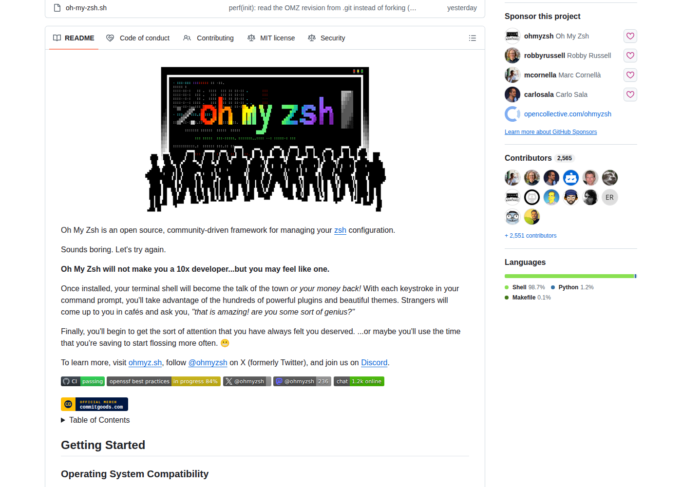 Oh My Zsh README 開頭(專案名稱 Oh My Zsh、作業系統相容性表格與安裝指令說明)
