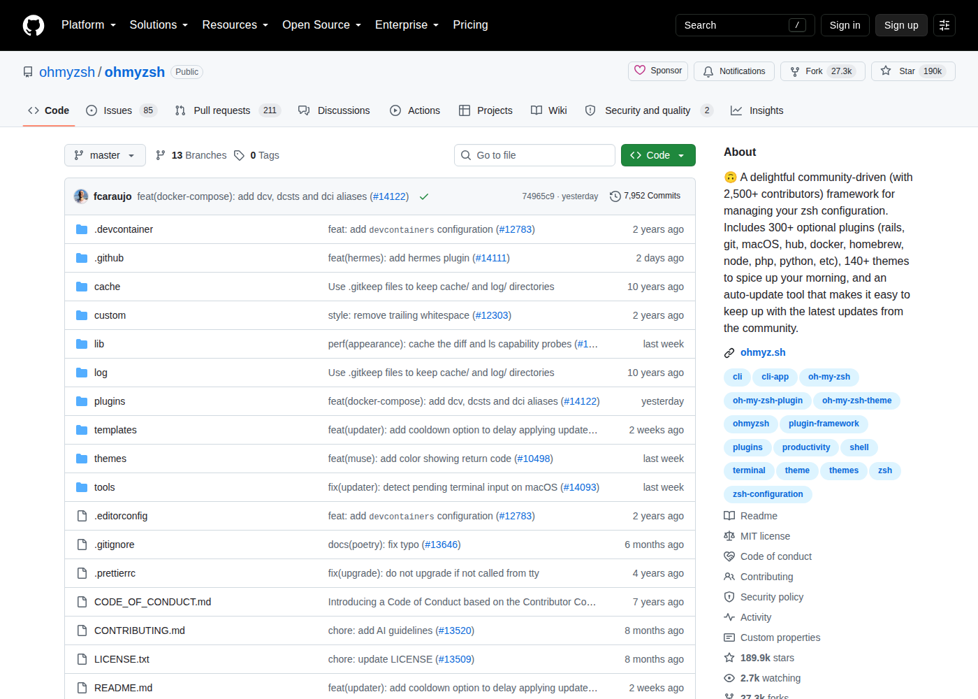 ohmyzsh/ohmyzsh GitHub 首頁頂部(儲存庫名稱 ohmyzsh/ohmyzsh、Star 數約 19 萬、Fork 數與專案描述)