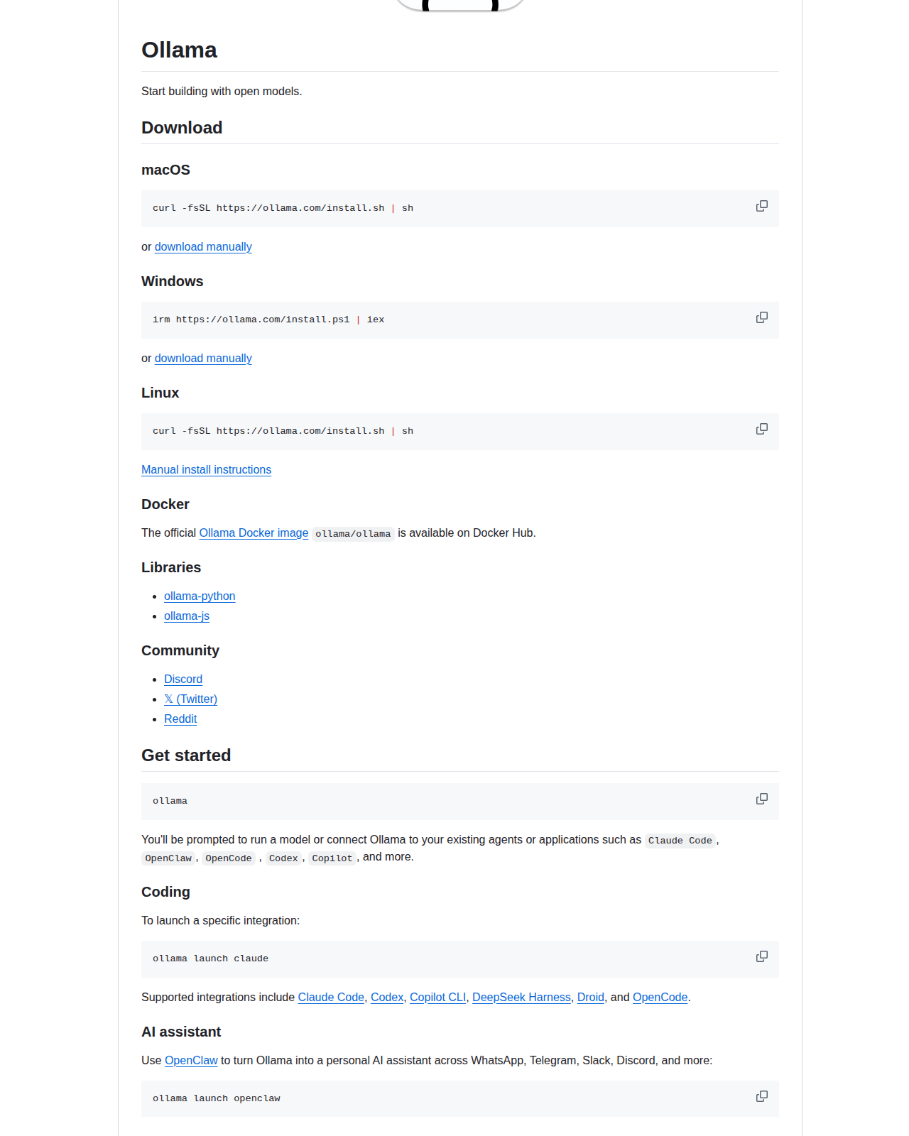 Ollama README 開頭(項目名稱「Ollama」大字 + 標語「Start building with open models」+ Download 區塊列出 macOS、Windows、Linux 安裝指令 + Docker 與 Python、JavaScript SDK 連結)