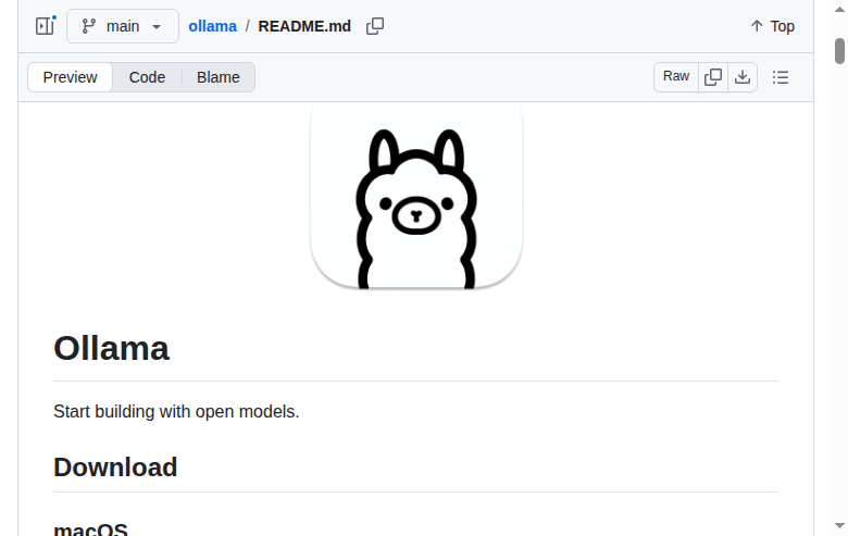 Ollama README 開頭(項目名稱與 Start building with open models 標語)