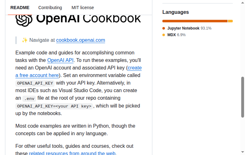 OpenAI Cookbook README 開頭(OpenAI Cookbook Logo、Navigate at cookbook.openai.com 導向連結與項目簡介)