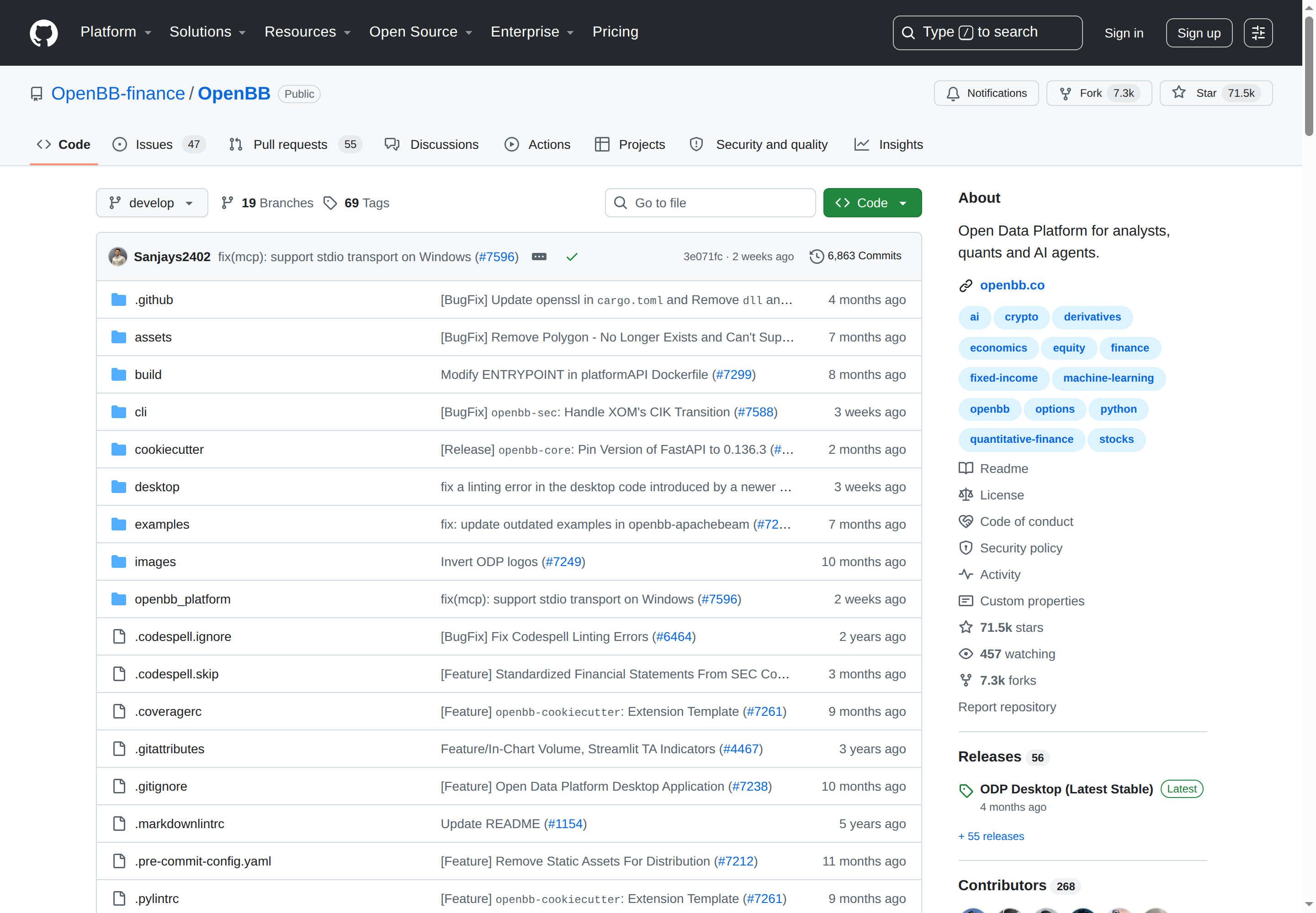 OpenBB GitHub 主頁(71.5k stars + 項目描述)