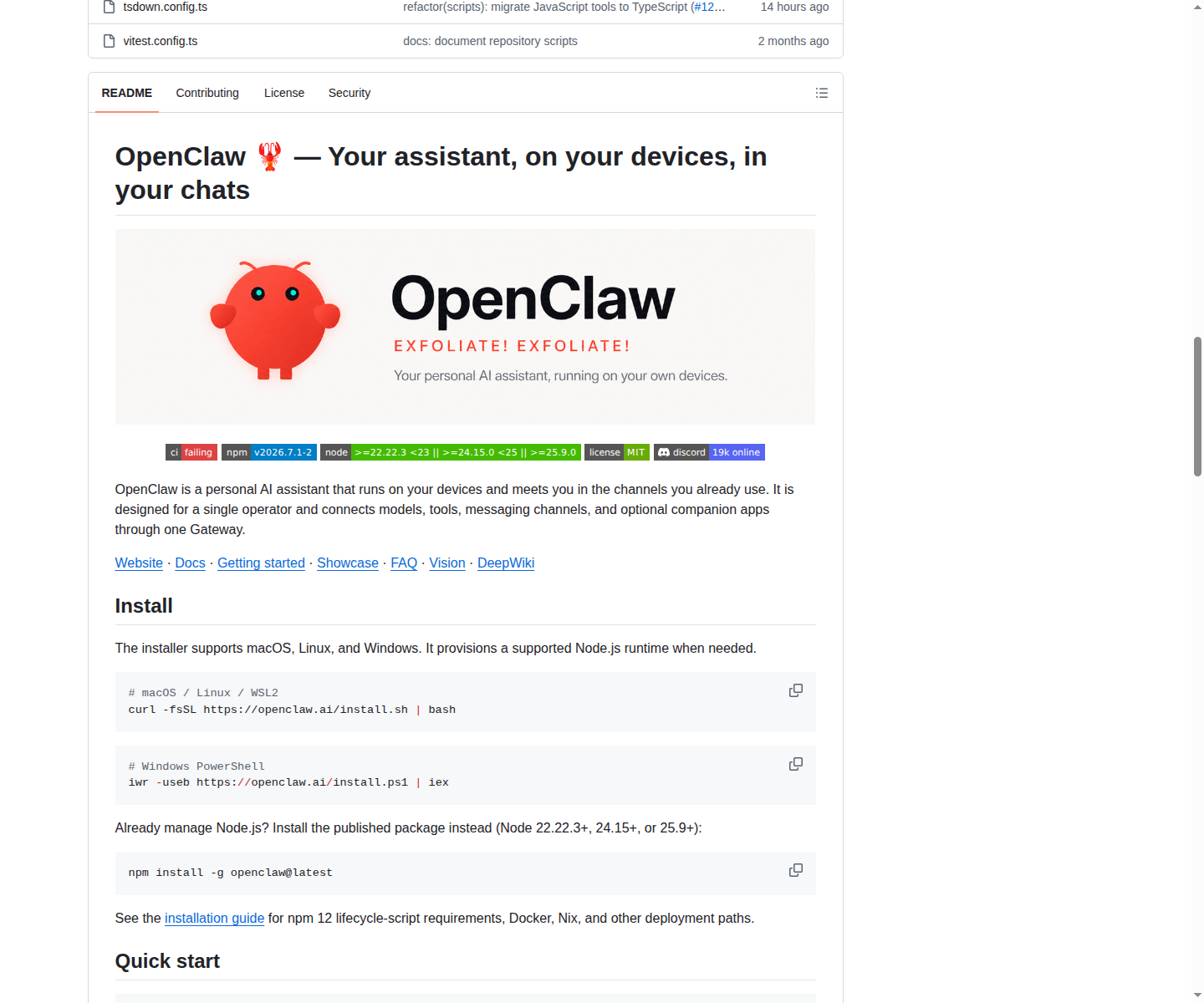 OpenClaw README 開頭(項目名稱 OpenClaw + 標語「Your assistant, on your devices, in your chats」)