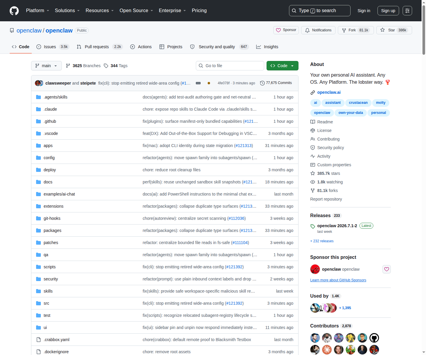OpenClaw GitHub 首頁頂部(repo 名 openclaw/openclaw + Star 386k + 項目描述)