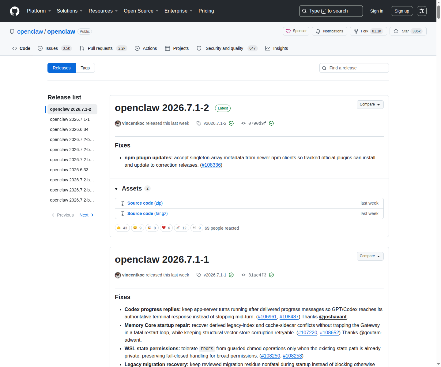 OpenClaw Releases 頁(repo 名 openclaw/openclaw + Star 386k + 版本發布列表)