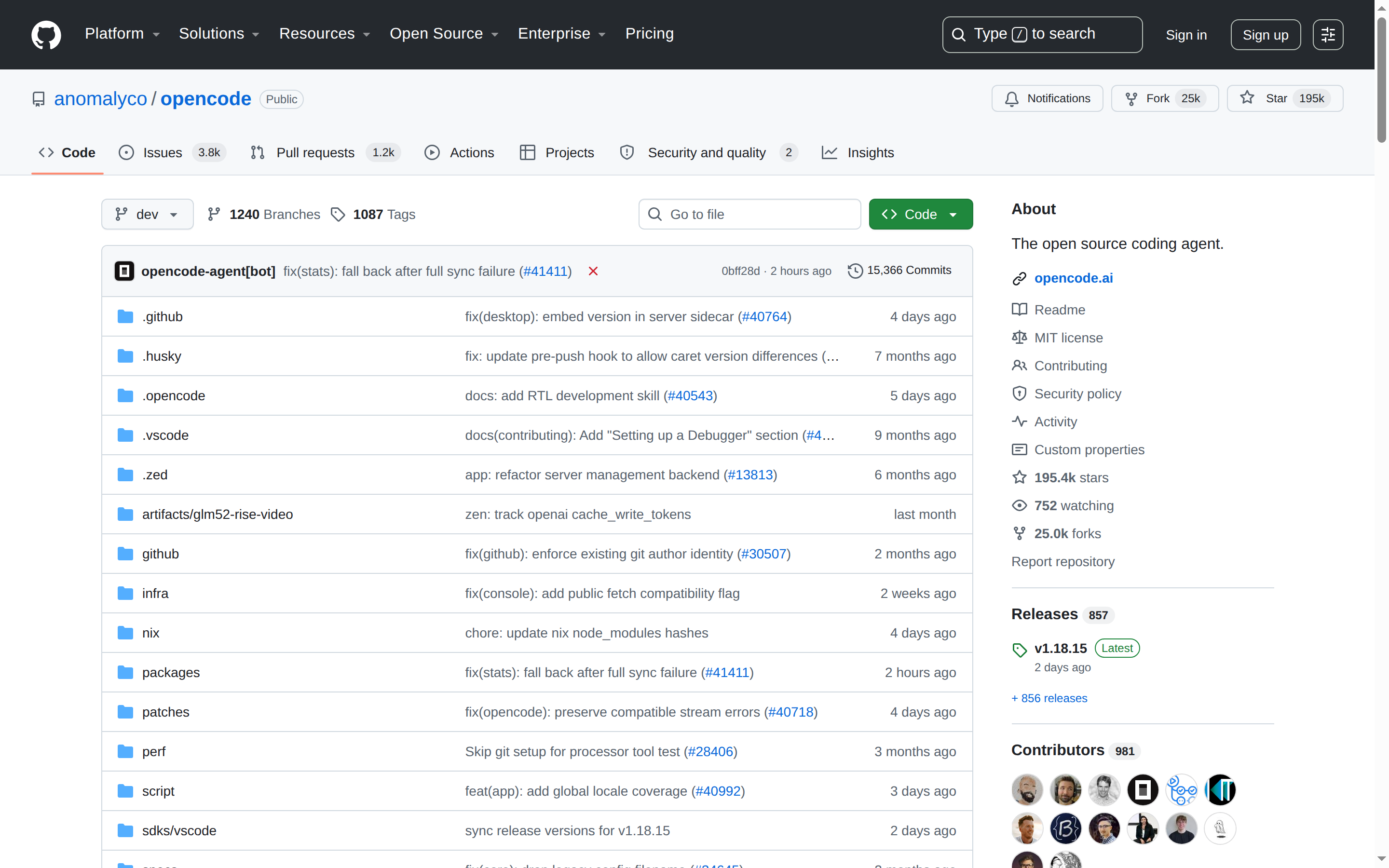 OpenCode GitHub 主頁(repo 名 + 195k stars + 項目描述)
