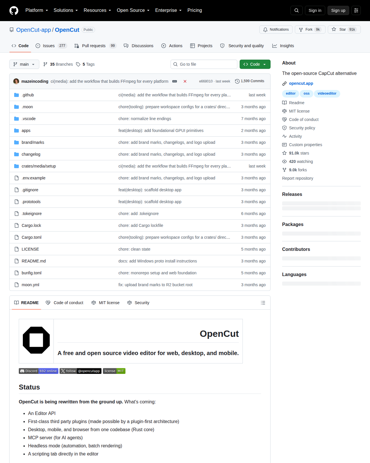 OpenCut GitHub 倉庫首頁(倉庫名稱、星標數與檔案清單)