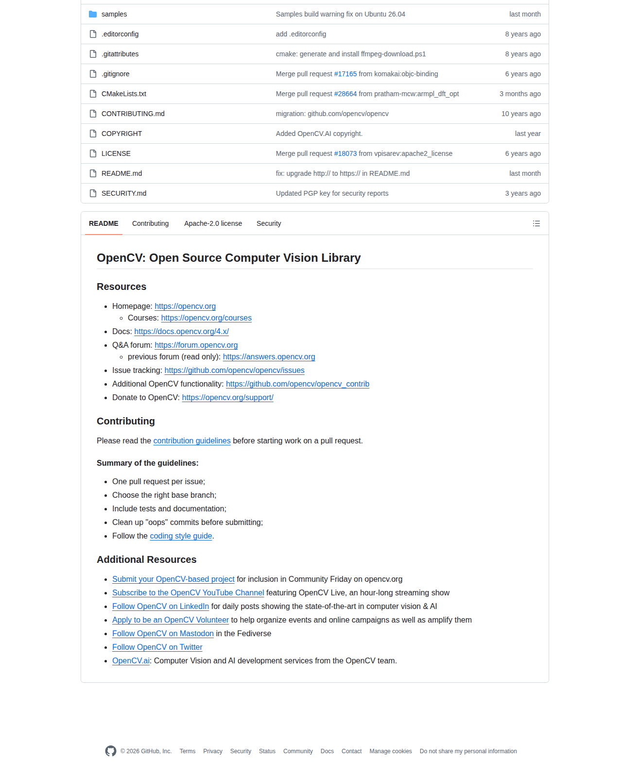 OpenCV README 開頭(OpenCV 開源電腦視覺庫項目名稱與資源連結)