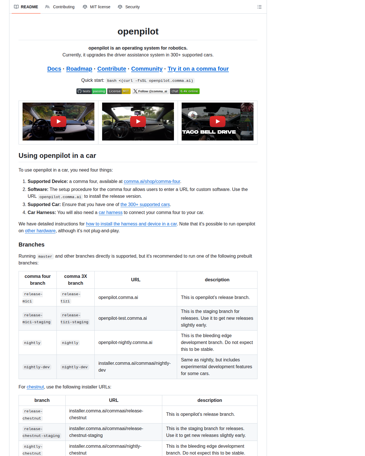 openpilot 的 GitHub README 開頭,顯示專案名稱 openpilot 大字標題、標語「openpilot is an operating system for robotics」、支援 300 款以上車型的說明、文件與社群連結,以及一鍵安裝指令