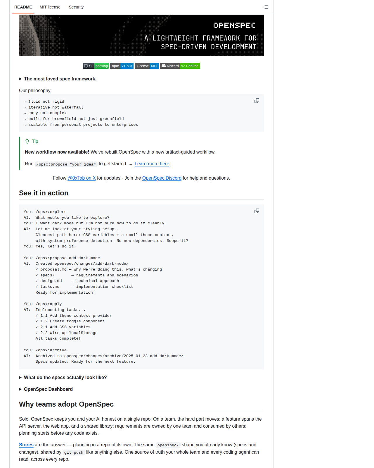 OpenSpec README 開頭(項目名稱「OpenSpec」banner + 標語「The most loved spec framework」+ 理念方針 + /opsx 指令示範)