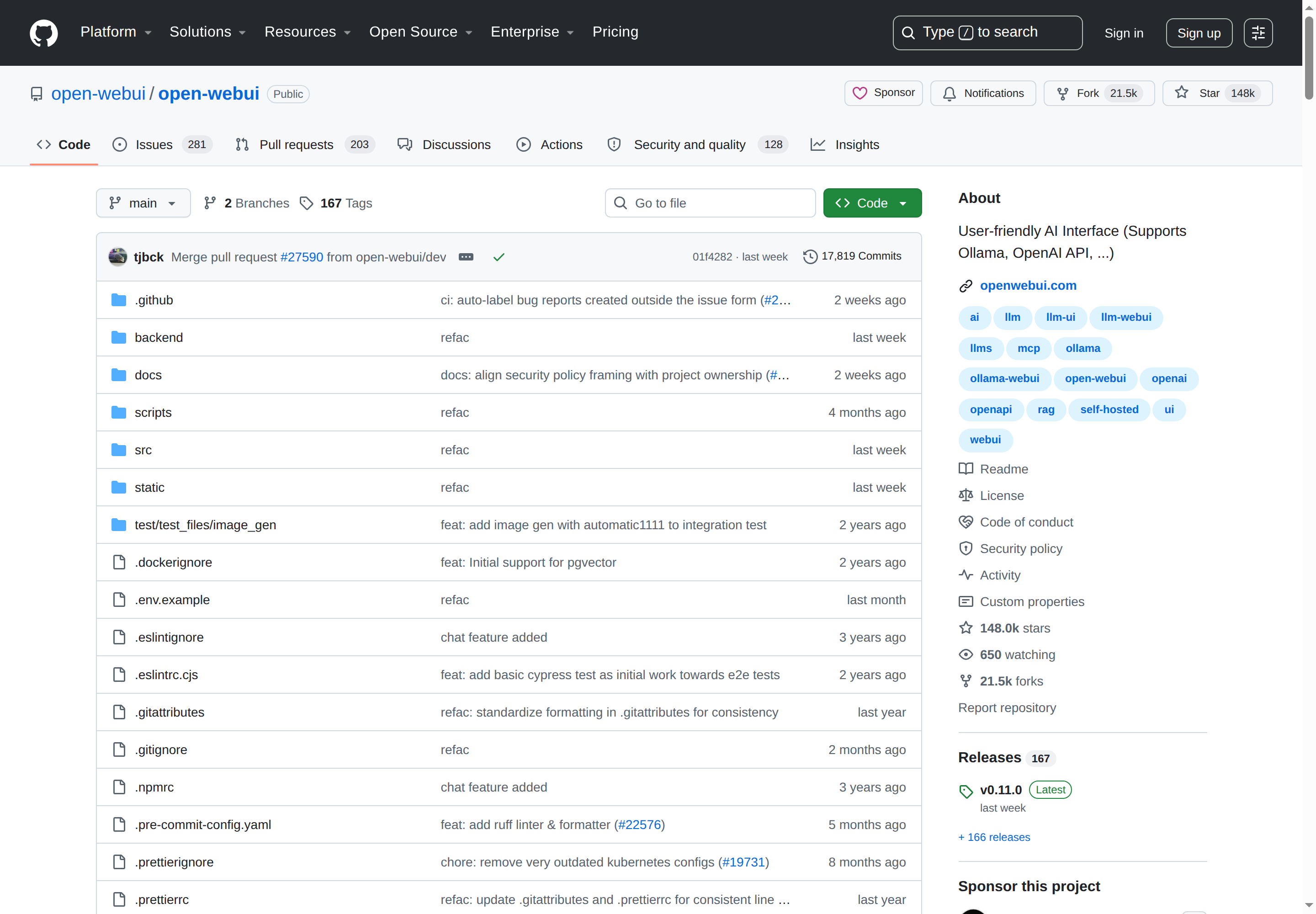 Open WebUI GitHub 主頁(148k stars + 項目描述)