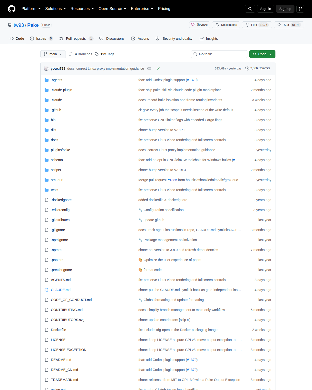Pake GitHub 首頁頂部(repo 名 tw93/Pake、專案描述與 61.7k 星標統計)