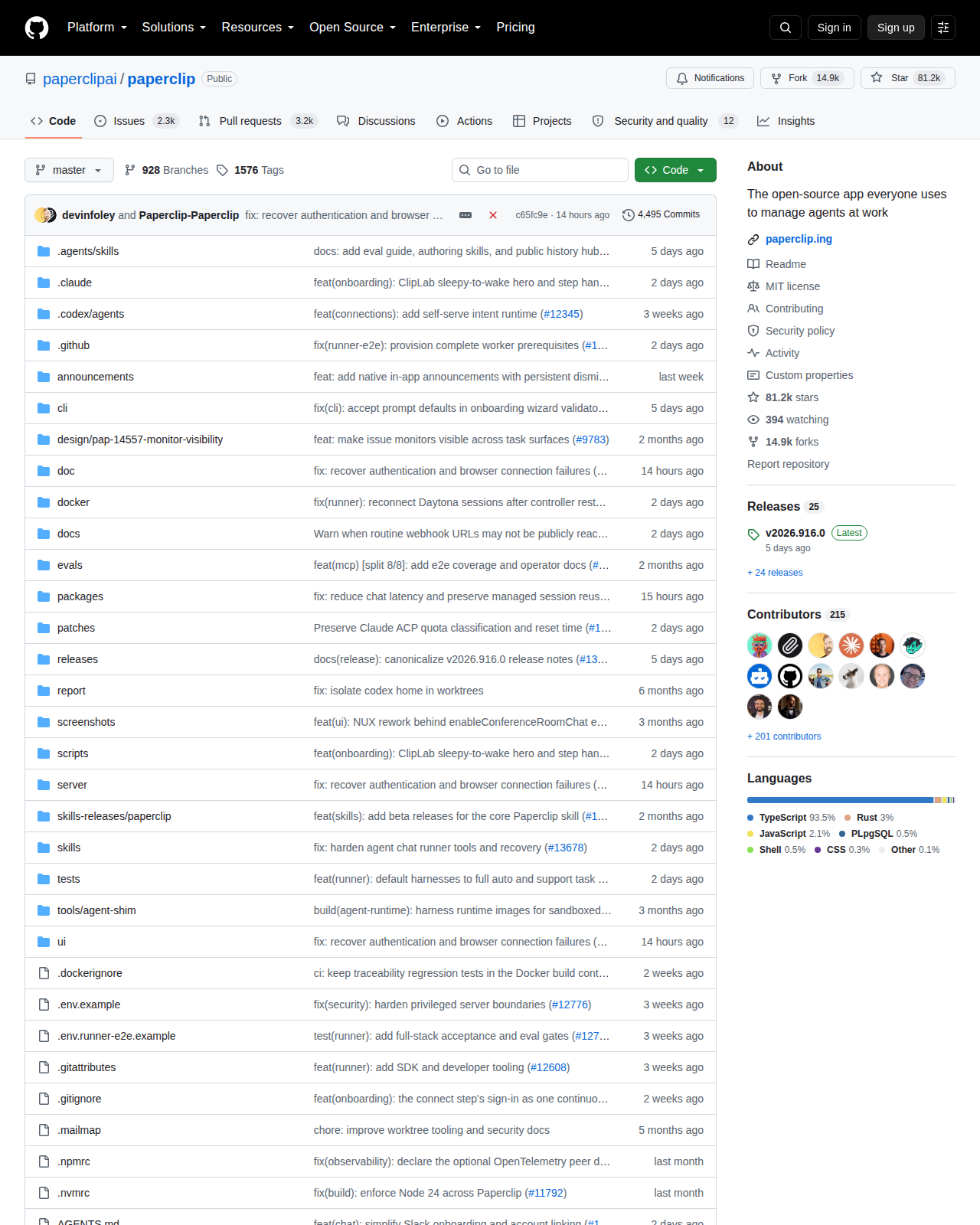 paperclipai/paperclip GitHub 首頁頂部(儲存庫名稱、Star 數 81.2k、Fork 數 14.9k 與項目描述文字)
