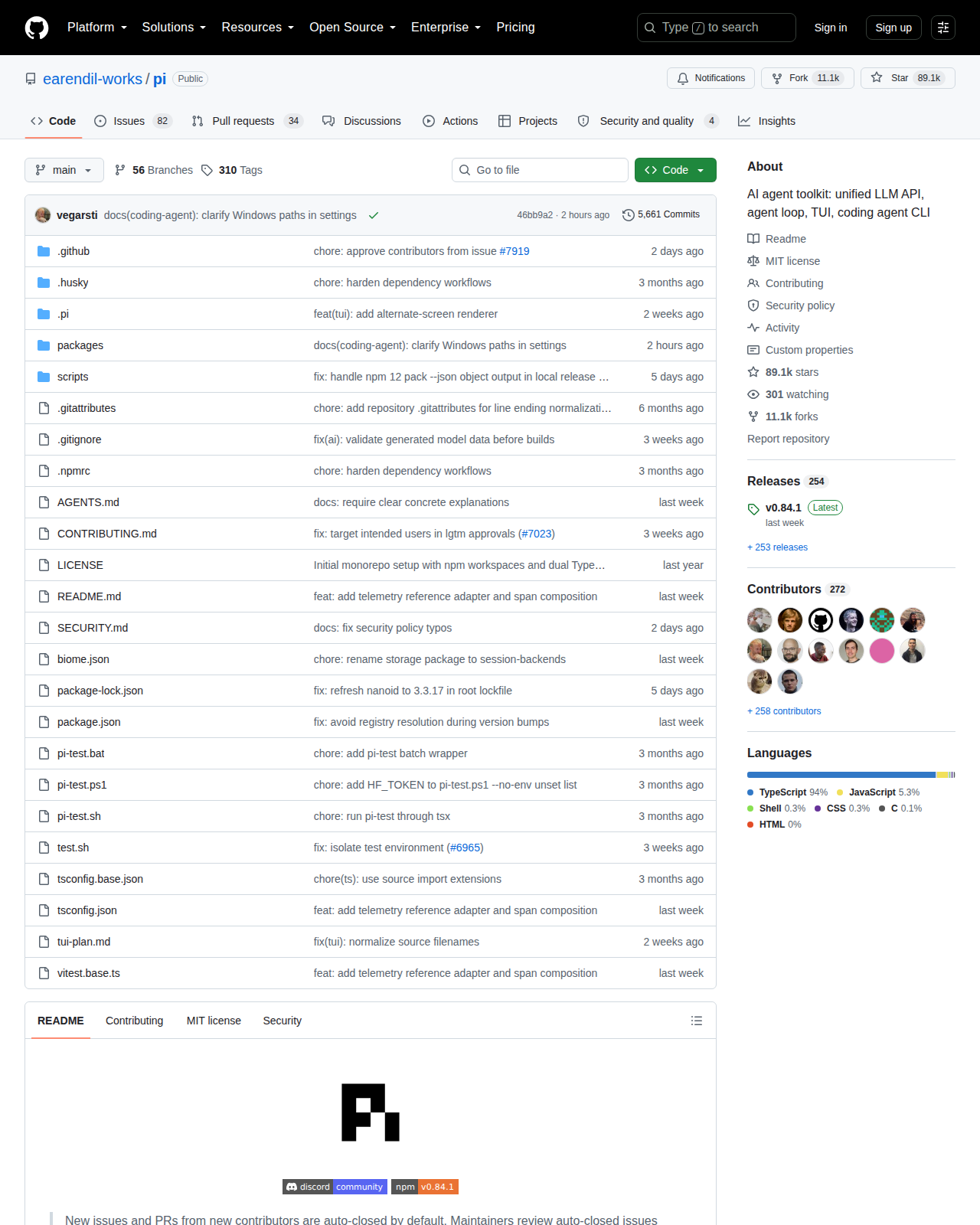 Pi GitHub 首頁頂部(repo 名稱 earendil-works/pi 與 Star 數量)