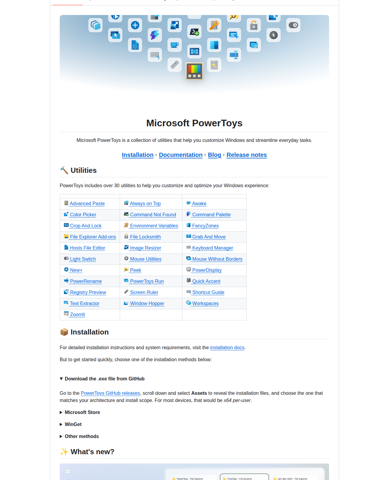 Microsoft PowerToys README 開頭(專案名稱與標語,以及三十多項工具的圖示清單)
