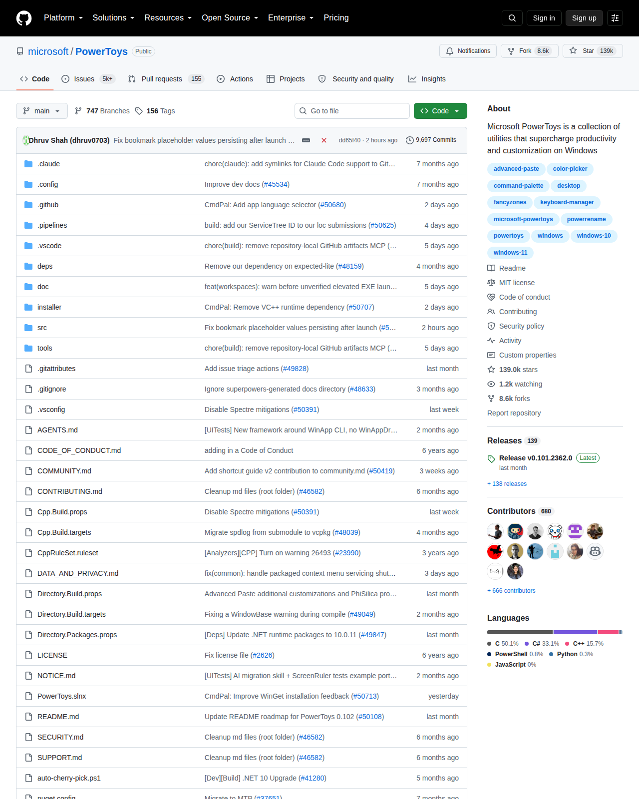 Microsoft PowerToys GitHub 儲存庫頁面頂部(儲存庫名稱 microsoft/PowerToys、星標數 139k 與專案描述)