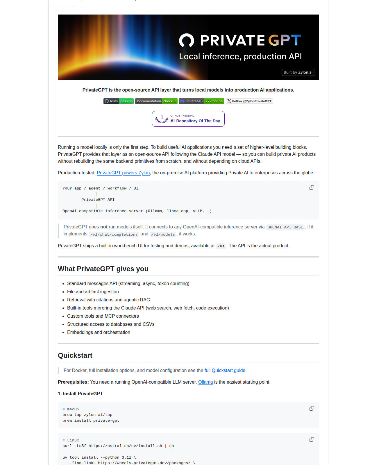 PrivateGPT README 開頭截圖,顯示項目名稱 PrivateGPT、標語 The open-source API layer that turns local models into production AI applications,以及描述其連接 Ollama、llama.cpp、vLLM 等推理伺服器的架構圖