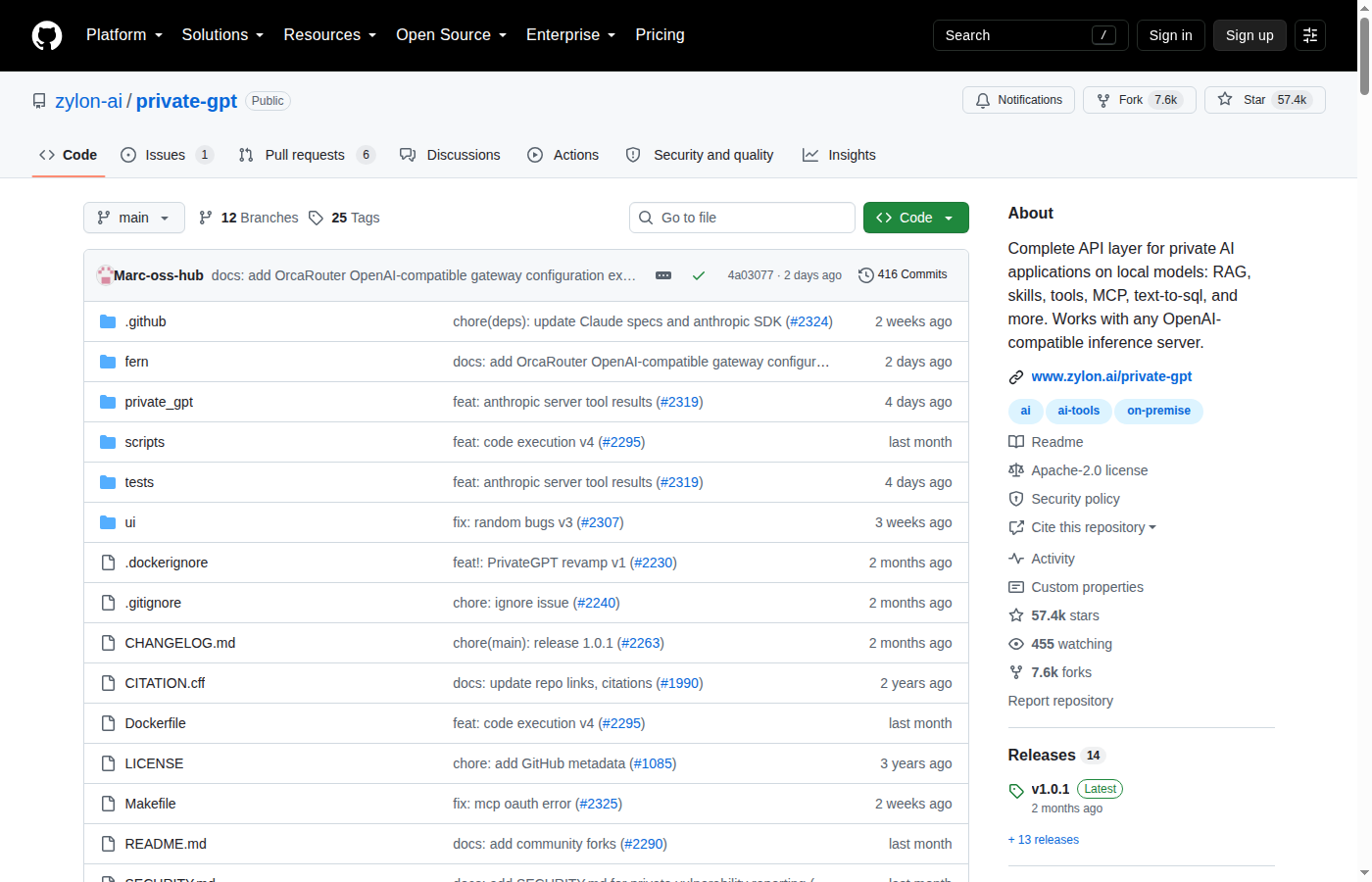 PrivateGPT GitHub 首頁頂部截圖,顯示 repo 名稱 zylon-ai/private-gpt、星標數 57.4k、分支數 7.6k、Apache-2.0 許可證與項目描述 Complete API layer for private AI applications on local models