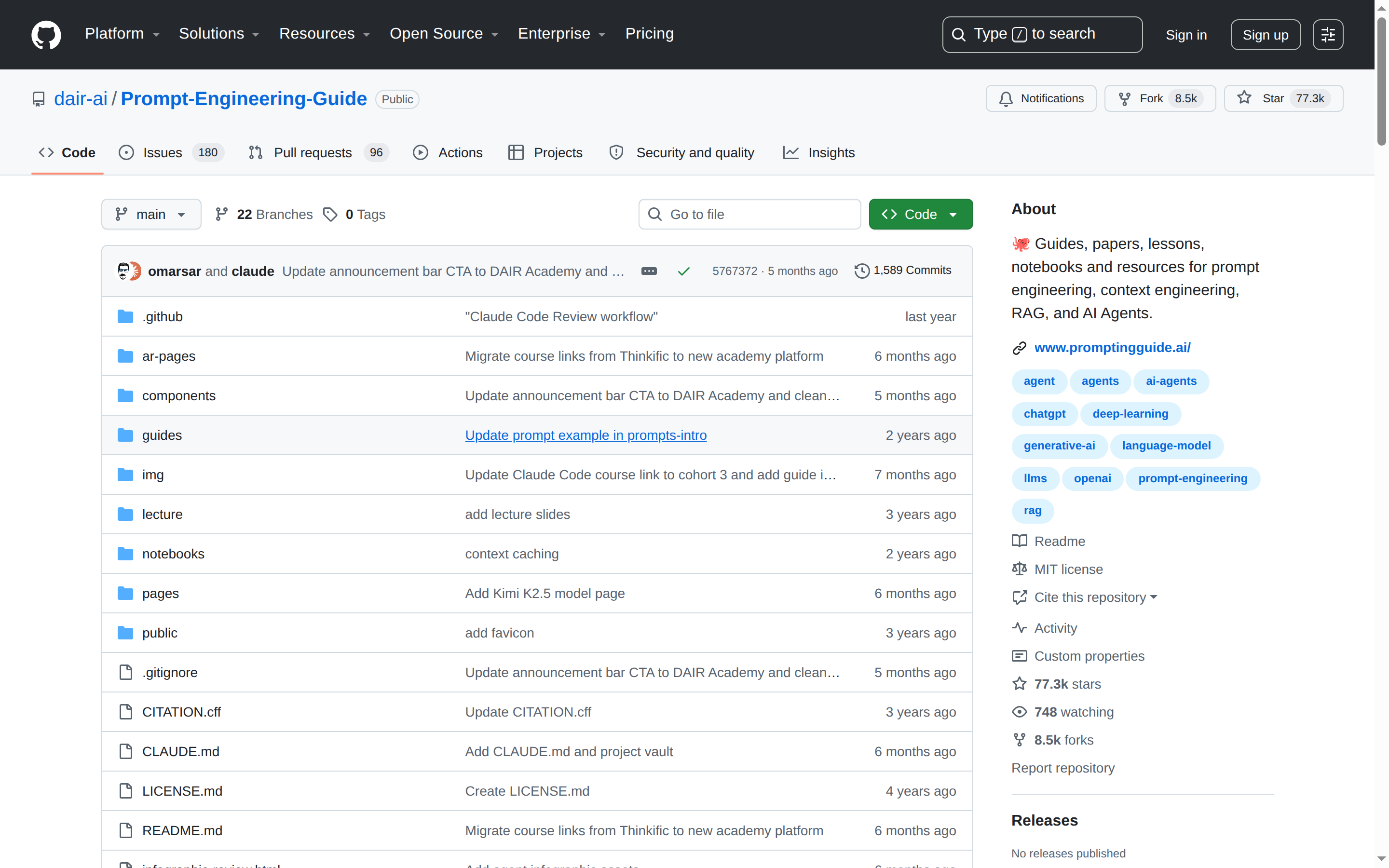 Prompt Engineering Guide GitHub 主頁(repo 名 + 77k stars + 項目描述)