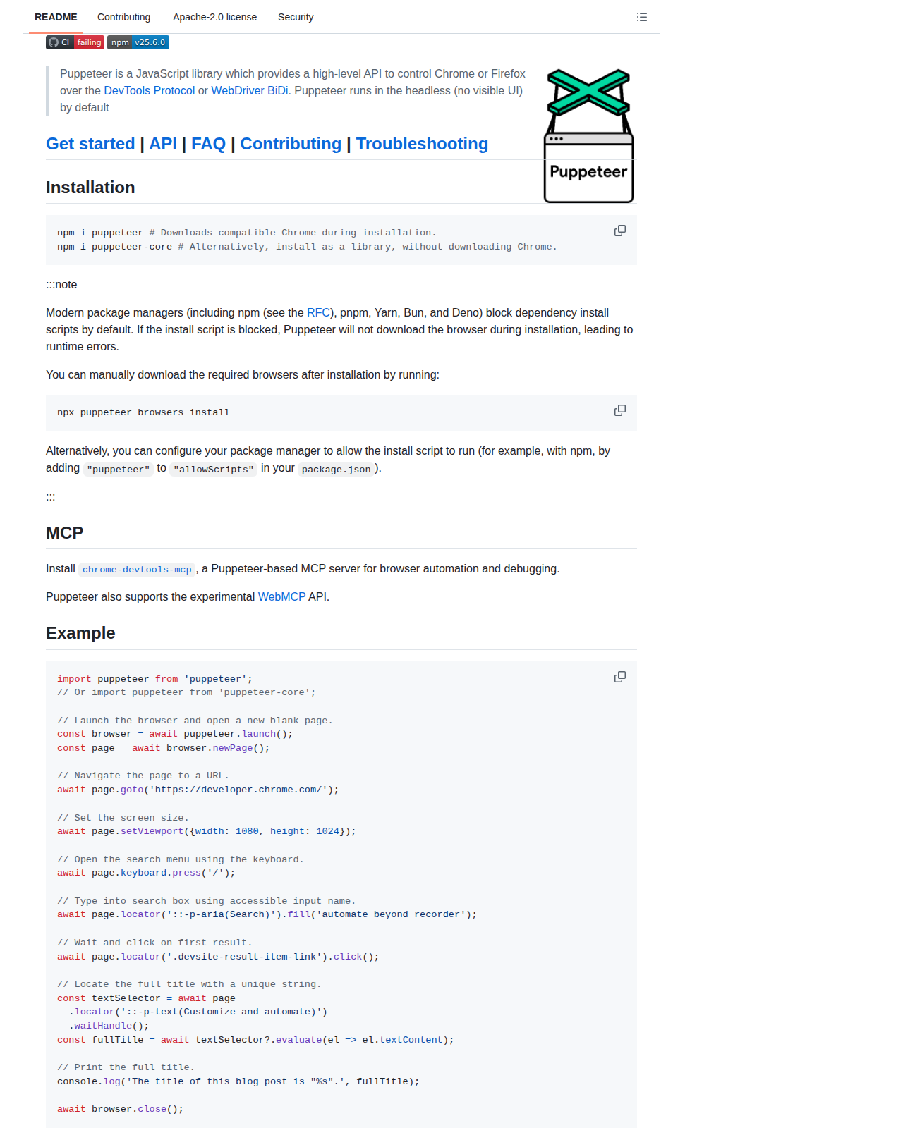 Puppeteer README 開頭(項目名稱 Puppeteer 與 JavaScript API for Chrome and Firefox 描述)