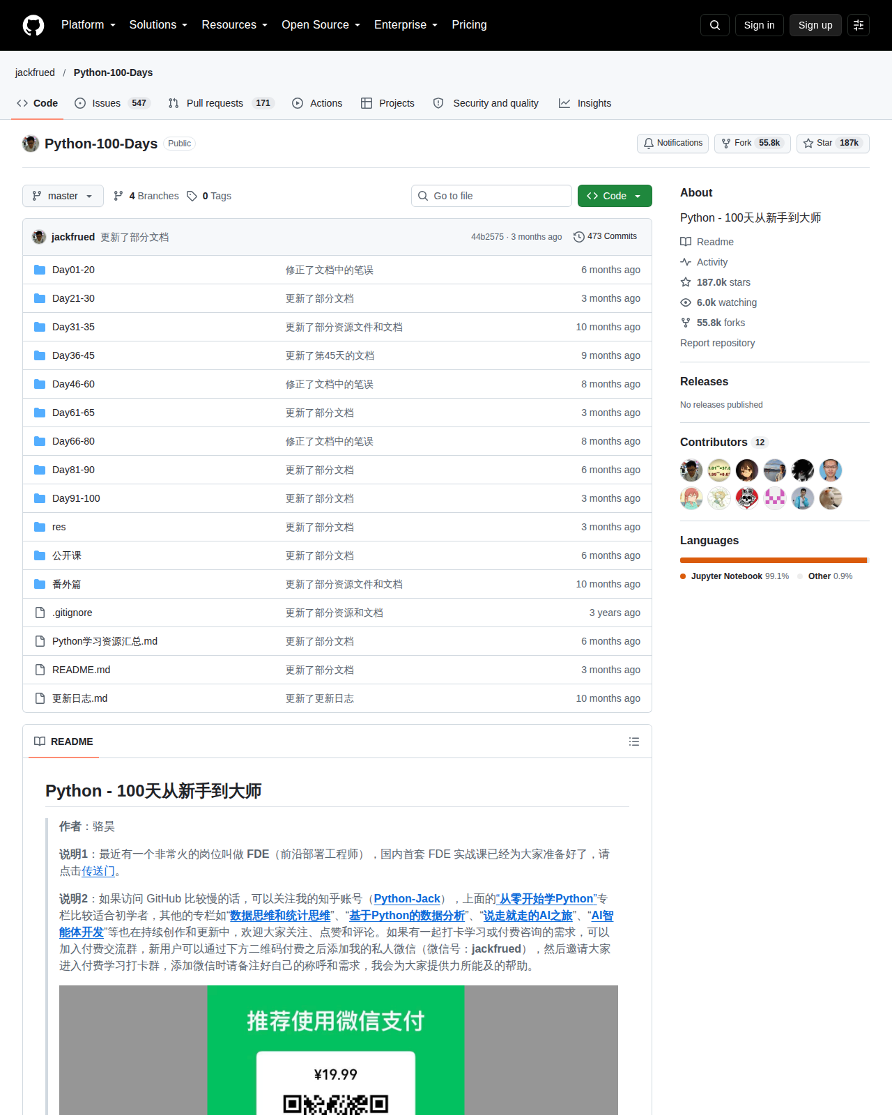 Python-100-Days 的 GitHub 儲存庫首頁頂部,顯示儲存庫名稱 jackfrued/Python-100-Days、星標數 187k、複製數 55.8k、分支與提交統計,以及 Python 教學專案的說明與主要語言標示