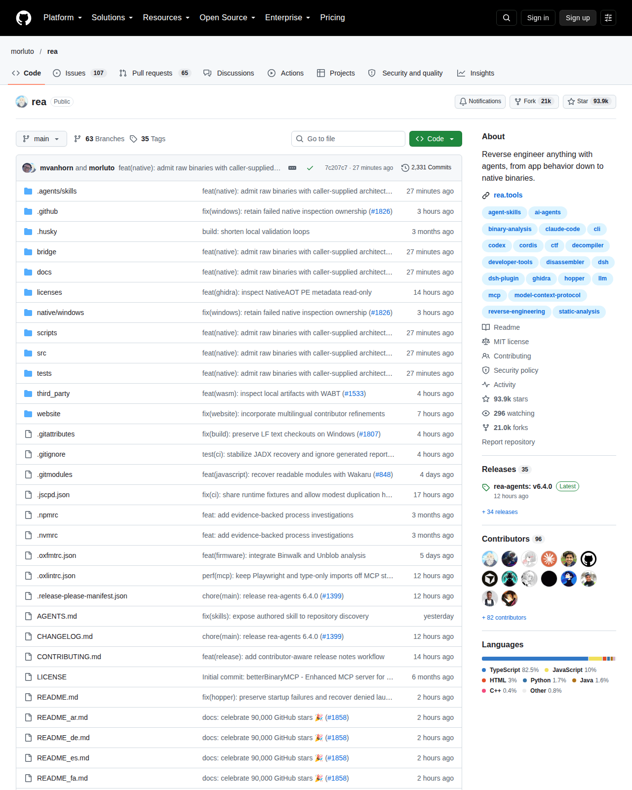 REA 的 GitHub 儲存庫首頁頂部,顯示儲存庫名稱 morluto/rea、專案描述「Reverse engineer anything with agents, from app behavior down to native binaries」、Star 數與 Fork 數,以及最近的提交紀錄