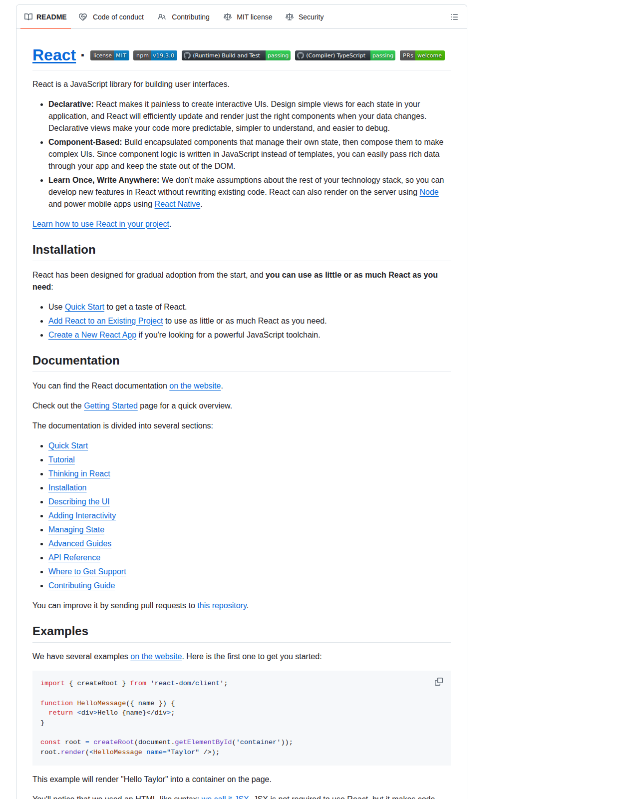 React 的 GitHub 儲存庫 README 開頭,顯示專案名稱 React、宣告「React is a JavaScript library for building user interfaces」以及宣告式、元件化、跨平台三大特性說明