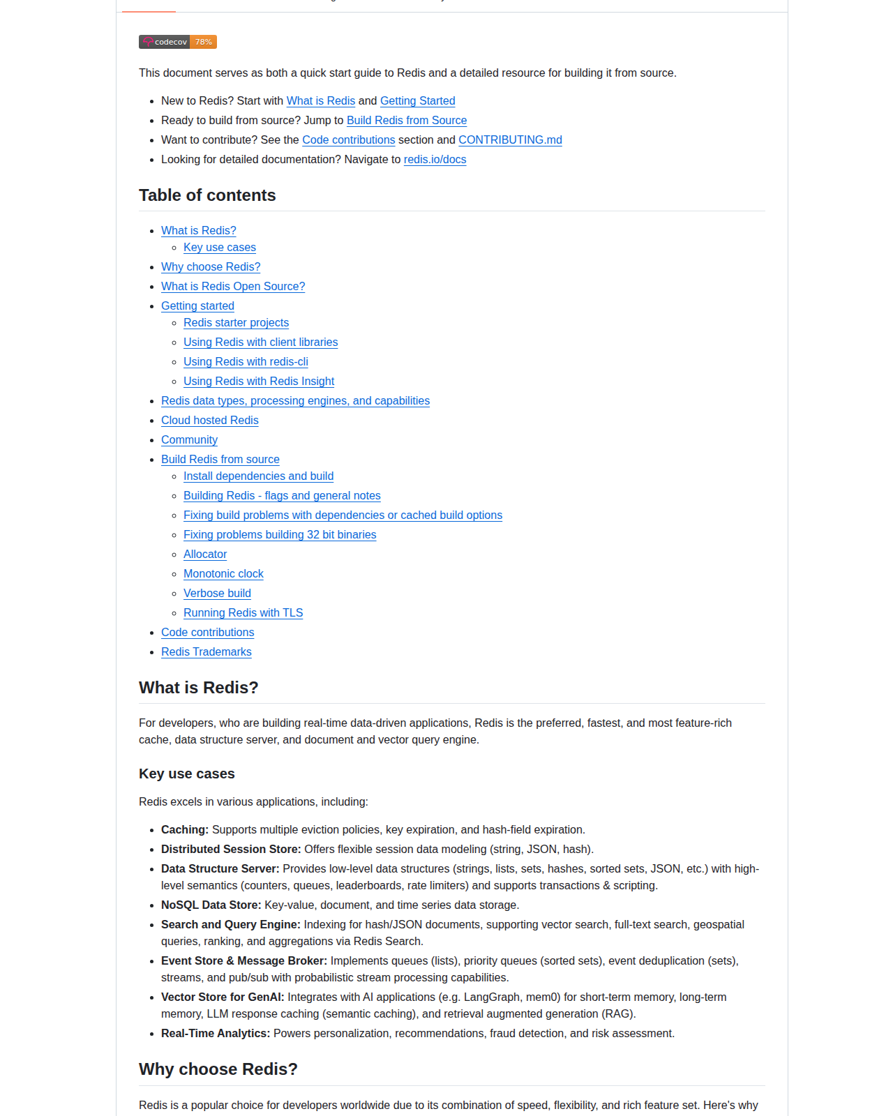 Redis README 開頭(項目名稱 Redis + 定位描述「面向即時資料應用開發者的首選快取、資料結構伺服器與文件/向量查詢引擎」+ 目錄與快速開始指引)