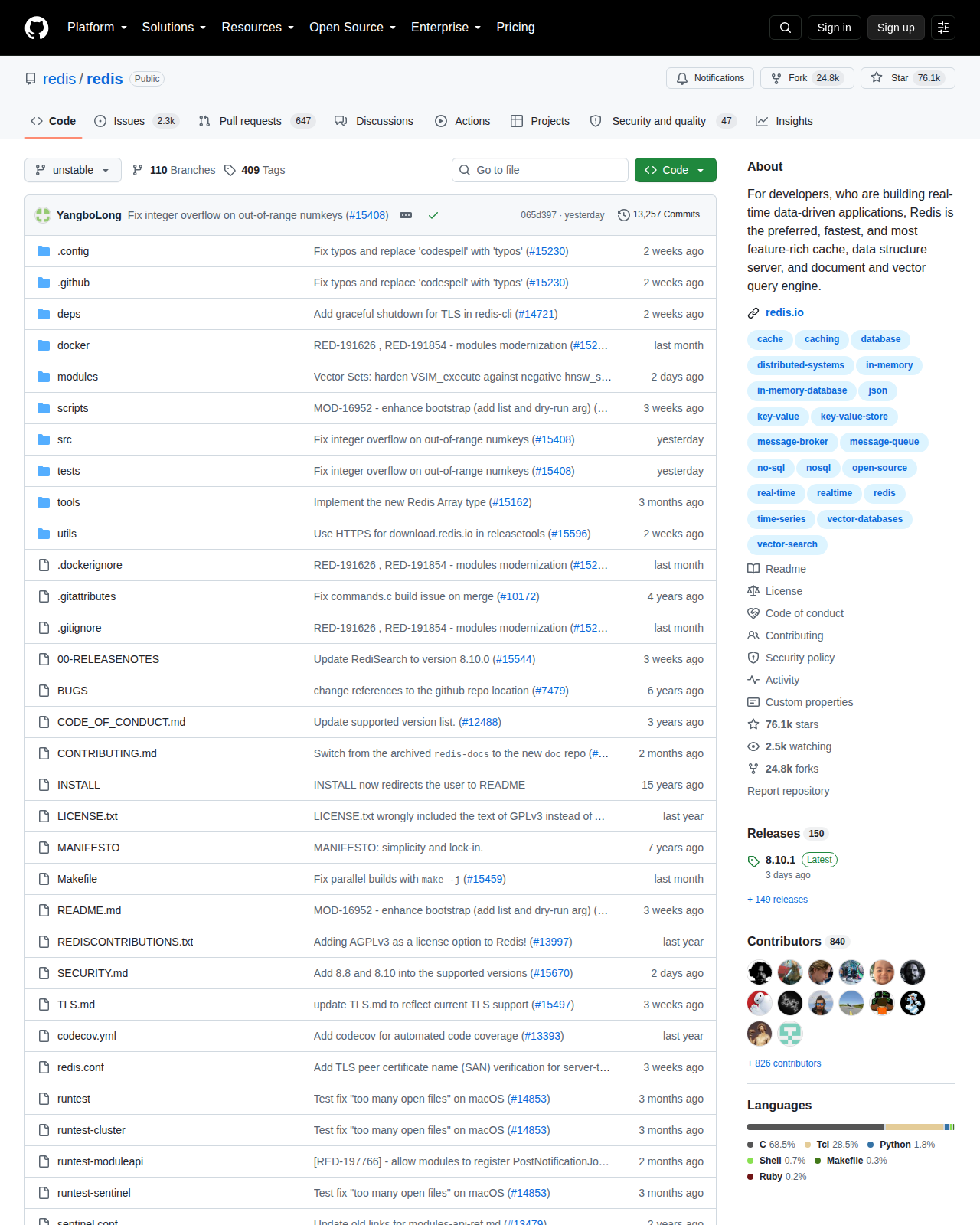Redis GitHub 首頁頂部(repo 名 redis/redis + Star 數量 76,055 + 項目描述「面向即時資料應用開發者的首選、最快且功能最豐富的快取、資料結構伺服器與文件/向量查詢引擎」)