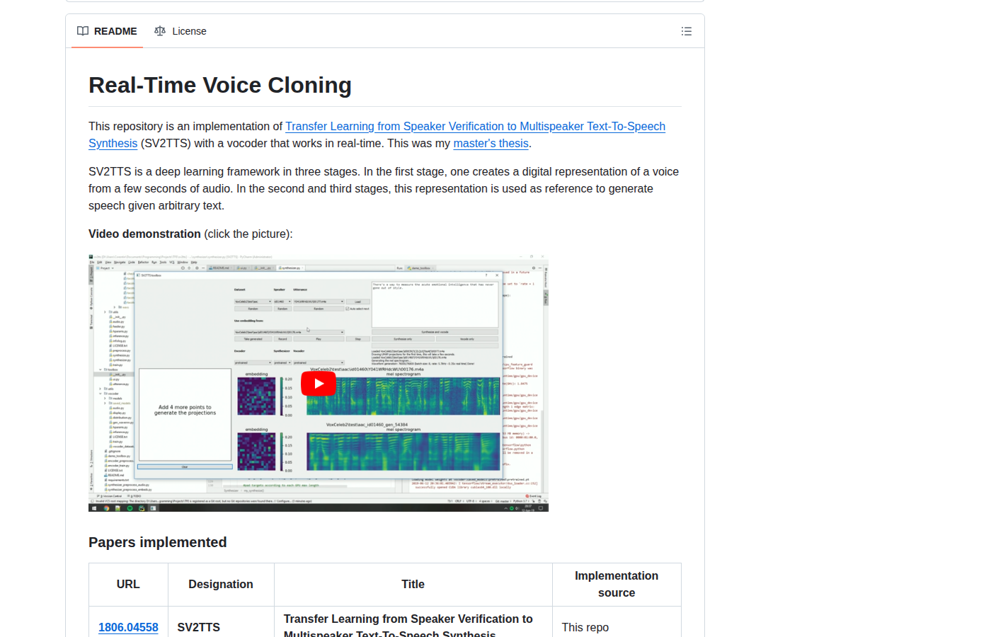 Real-Time-Voice-Cloning README 開頭(項目名稱 + SV2TTS 架構介紹與示範影片)