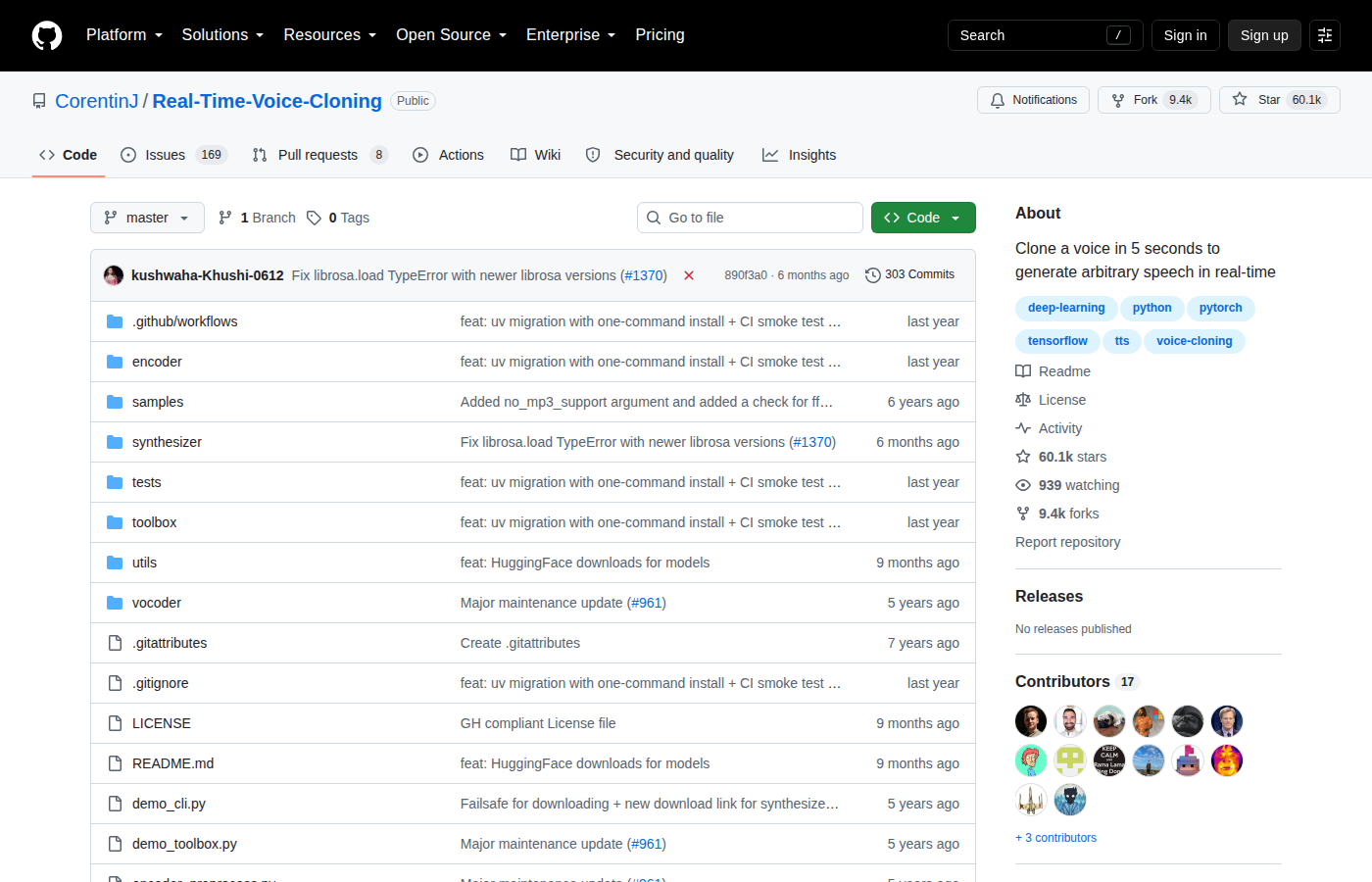 Real-Time-Voice-Cloning GitHub 首頁頂部(repo 名 + 60.1k Star 數 + 項目描述)