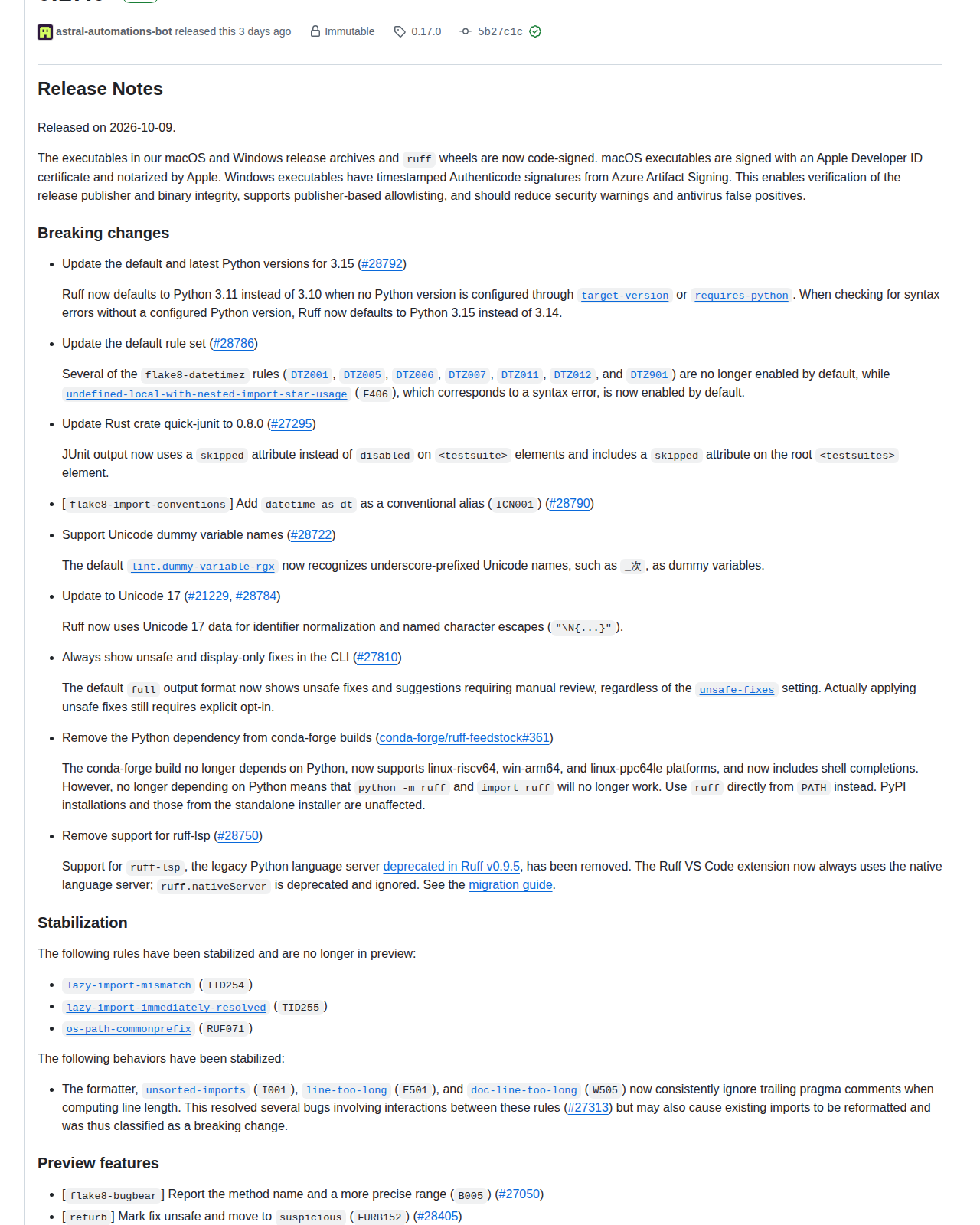 Ruff 專案 0.17.0 的 GitHub 發行頁面,顯示版本標籤、發布日期、程式碼簽章與公證說明,以及破壞性變更、穩定化規則、預覽功能與錯誤修正等章節標題