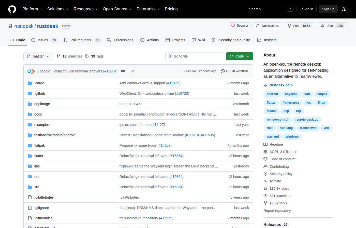 RustDesk GitHub 首頁頂部（repo 名稱「rustdesk/rustdesk」+ 120.6k 星標 + 18.5k Forks + 描述「An open-source remote desktop application designed for self-hosting, as an alternative to TeamViewer」+ 主要語言 Rust + AGPL-3.0 授權標籤）