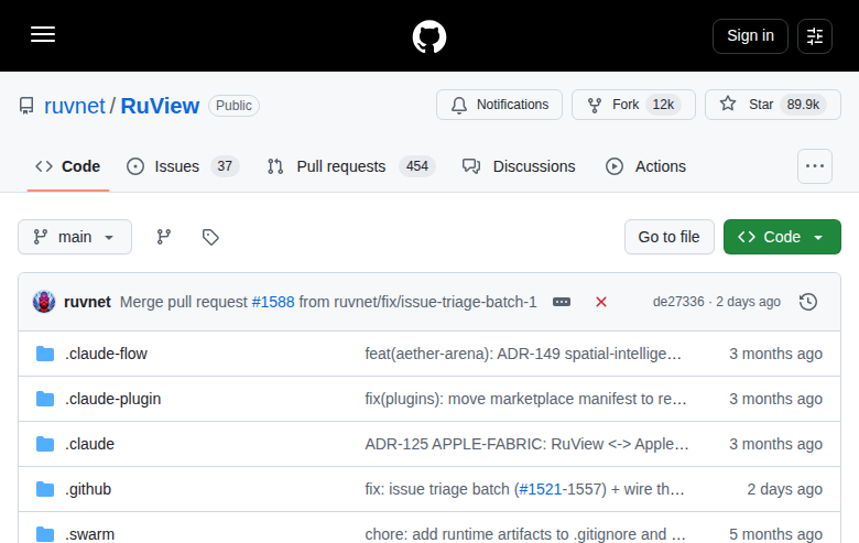 RuView GitHub 首頁頂部(repo 名稱、Star 89.9k、Fork 11.9k、項目描述與 About 資訊欄)