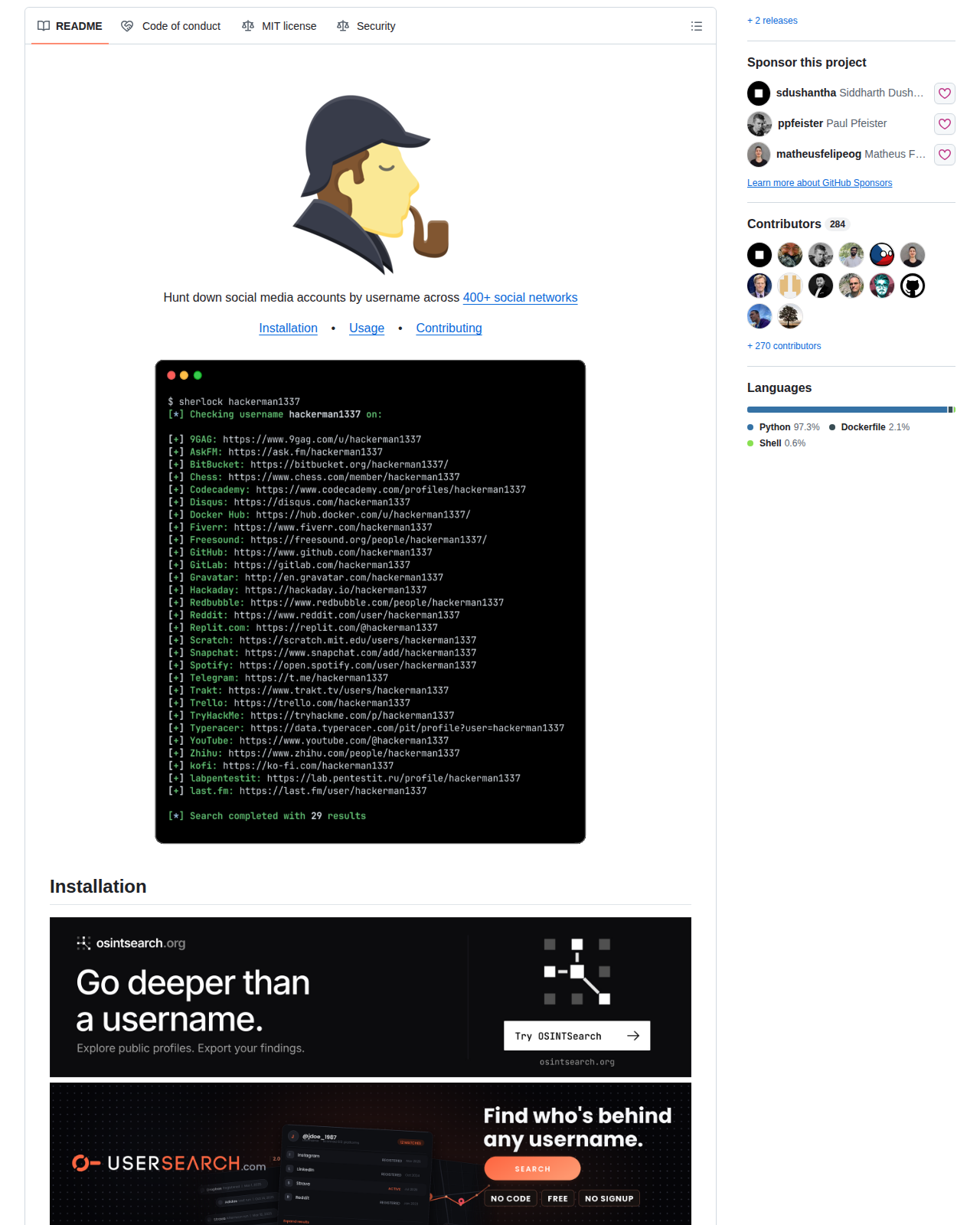 Sherlock 的 GitHub 儲存庫 README 開頭,顯示專案名稱 Sherlock、副標題說明以用戶名在四百多個社交網絡追蹤社交帳號,以及專案吉祥物插圖與安裝指引連結